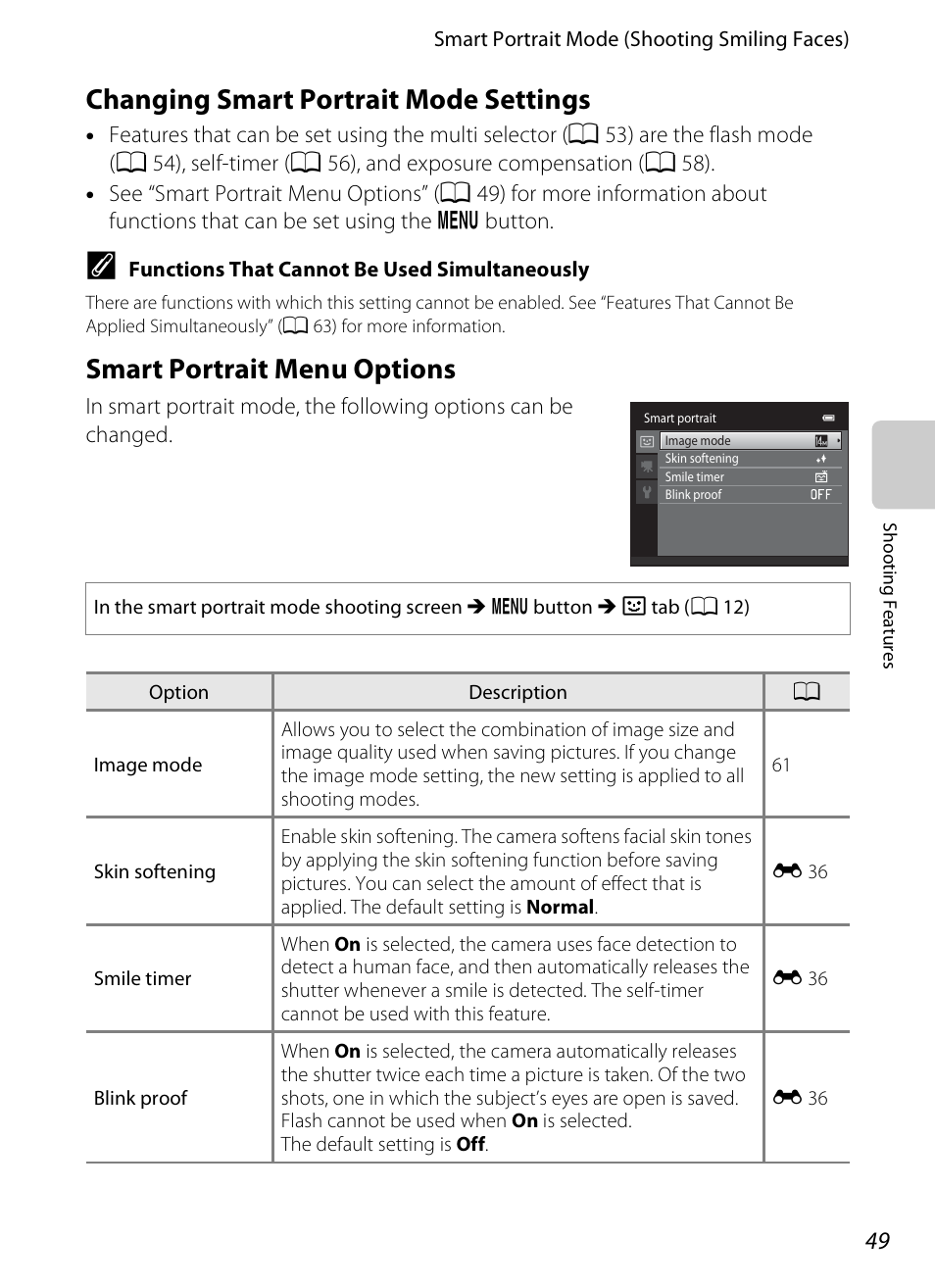 Changing smart portrait mode settings, Smart portrait menu options, A 49 | Nikon S1200PJ User Manual | Page 67 / 228