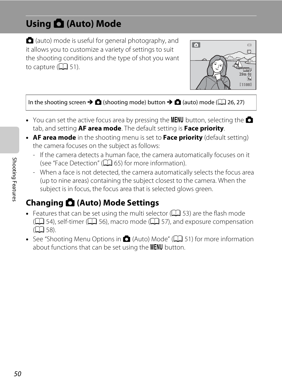 Using auto mode, Changing auto mode settings, Using a (auto) mode | Changing a (auto) mode settings, A 50 | Nikon S1200PJ User Manual | Page 68 / 228