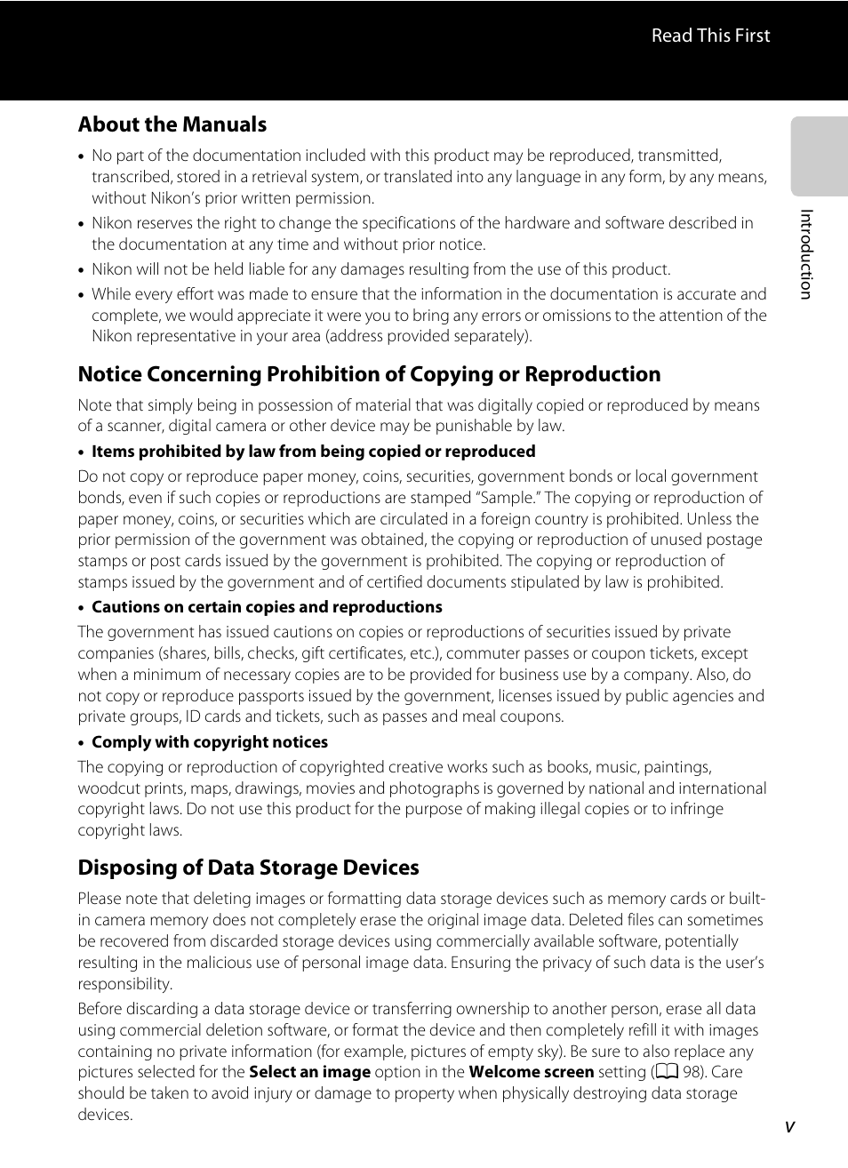 About the manuals, Disposing of data storage devices | Nikon S1200PJ User Manual | Page 7 / 228