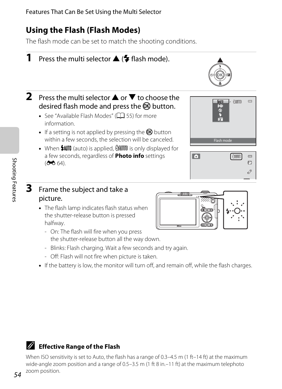 Using the flash (flash modes), A 54) me, A 54) m | A 54, A 54) | Nikon S1200PJ User Manual | Page 72 / 228