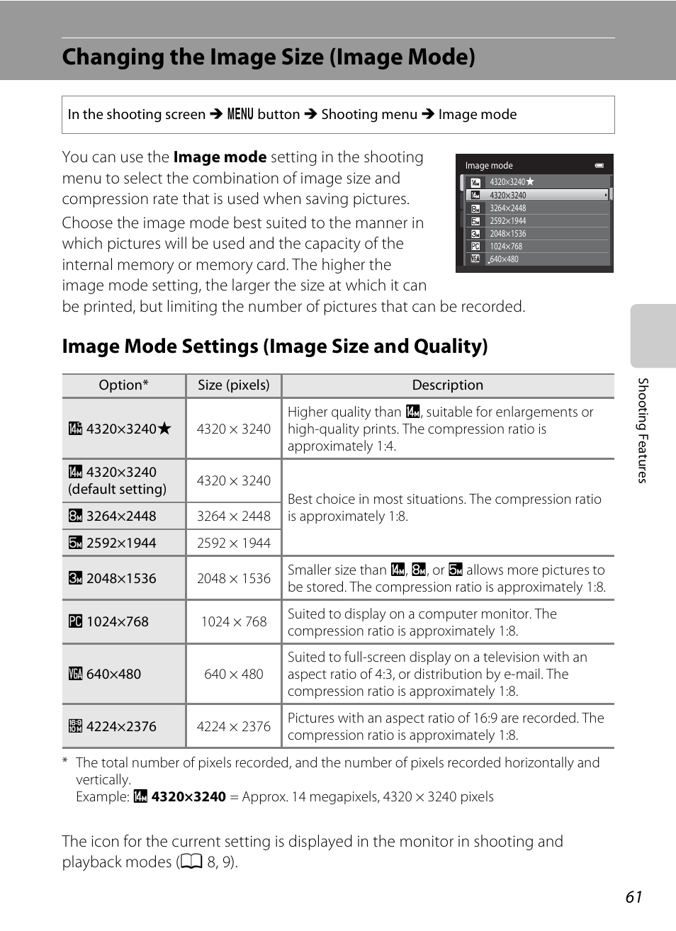 Changing the image size (image mode), Image mode settings (image size and quality), A 61) | Nikon S1200PJ User Manual | Page 79 / 228