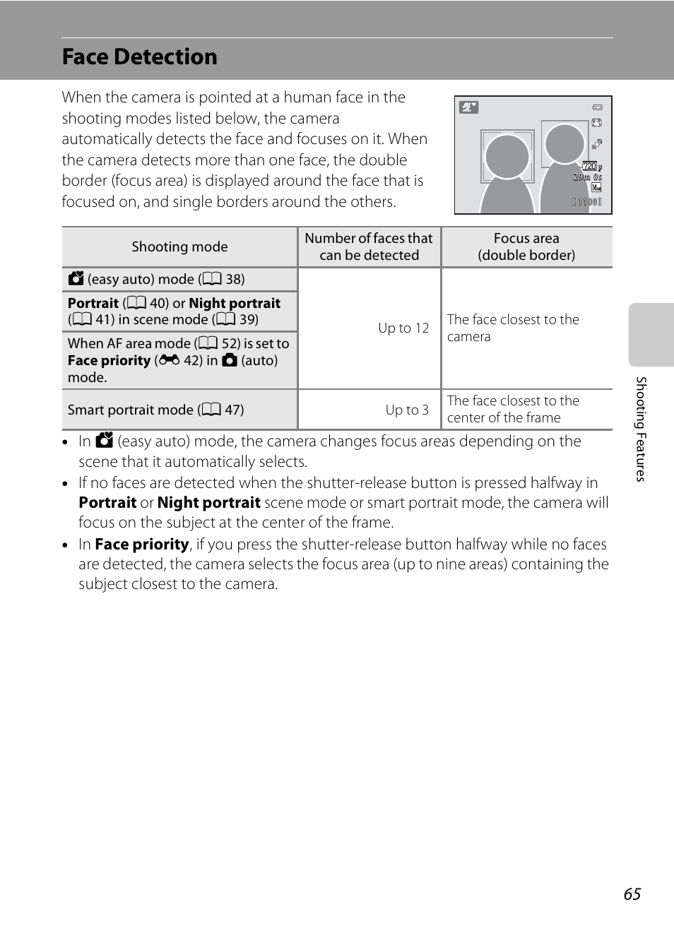 Face detection, See “face detection, A 65) fo | A 65, A 65), Ee “face detection | Nikon S1200PJ User Manual | Page 83 / 228