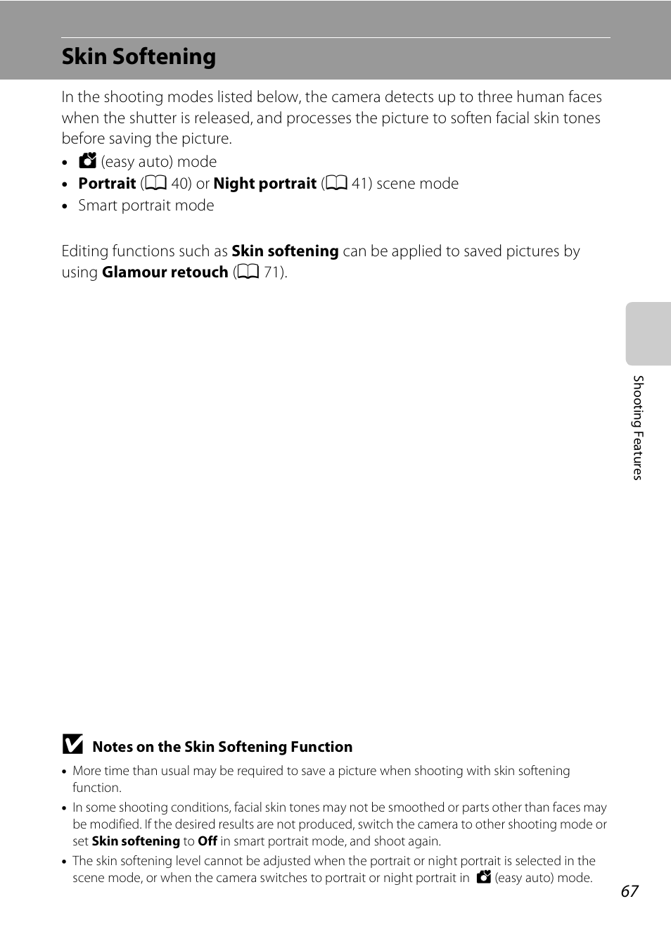 Skin softening, A 67) | Nikon S1200PJ User Manual | Page 85 / 228