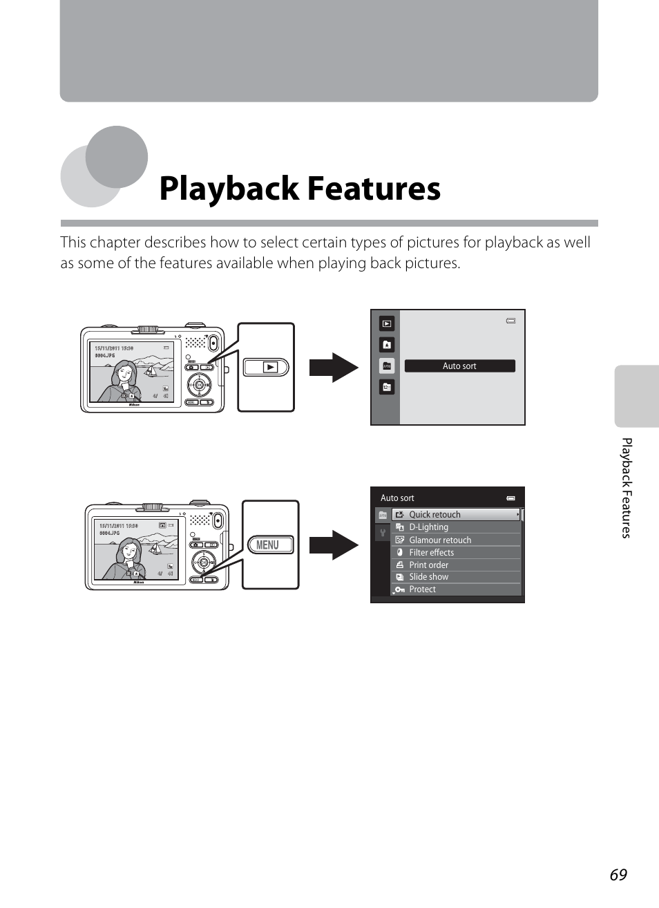 Playback features, Play ba ck f e ature s | Nikon S1200PJ User Manual | Page 87 / 228