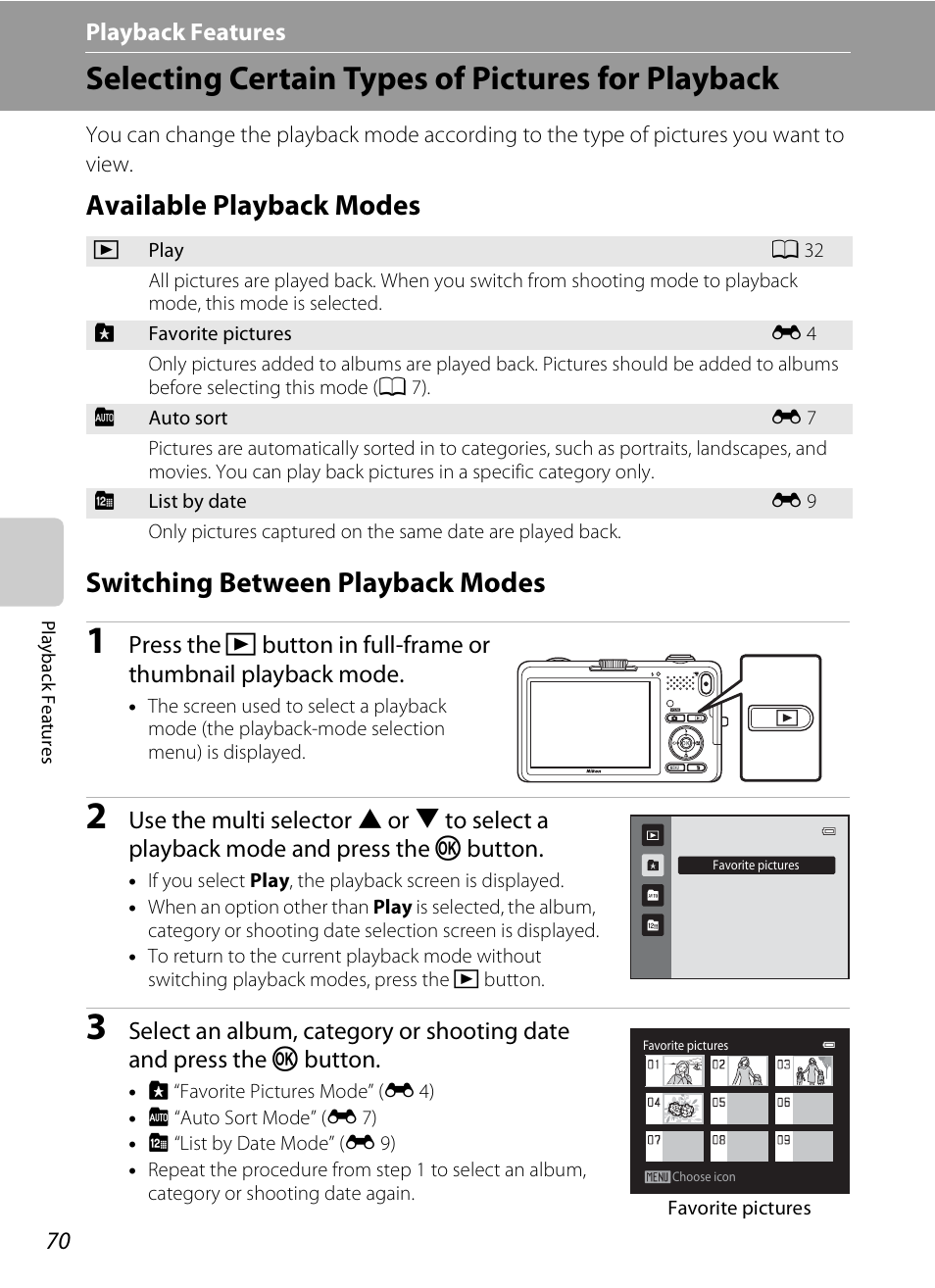 Selecting certain types of pictures for playback, Available playback modes, Switching between playback modes | A 70) | Nikon S1200PJ User Manual | Page 88 / 228