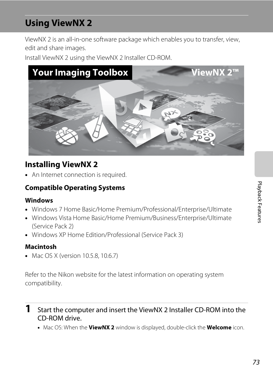 Using viewnx 2, Installing viewnx 2, A 73 | Your imaging toolbox viewnx 2 | Nikon S1200PJ User Manual | Page 91 / 228