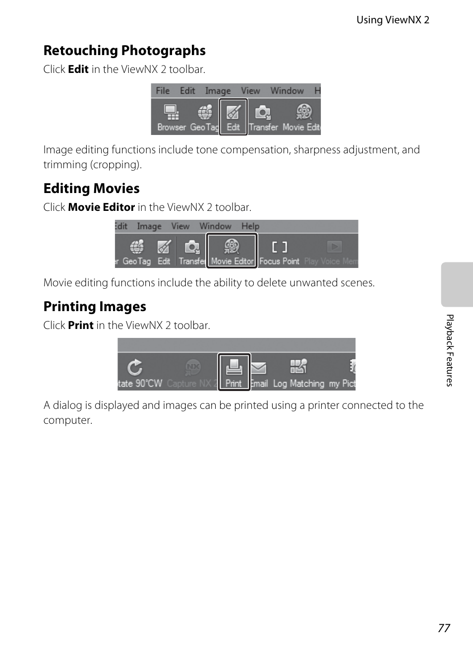 Retouching photographs, Editing movies, Printing images | Nikon S1200PJ User Manual | Page 95 / 228