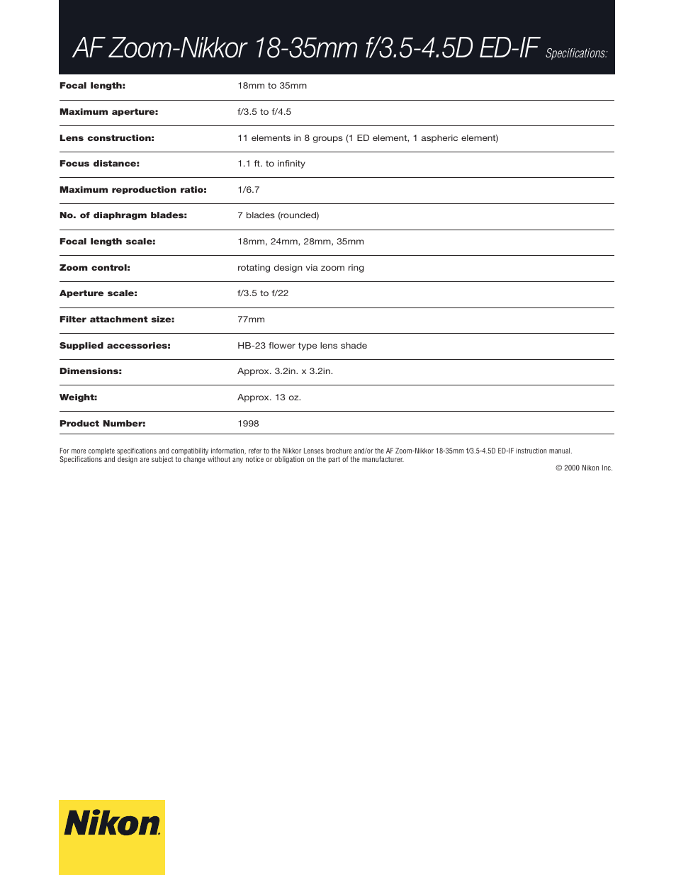 Specifications | Nikon AF Zoom-Nikkor User Manual | Page 2 / 2