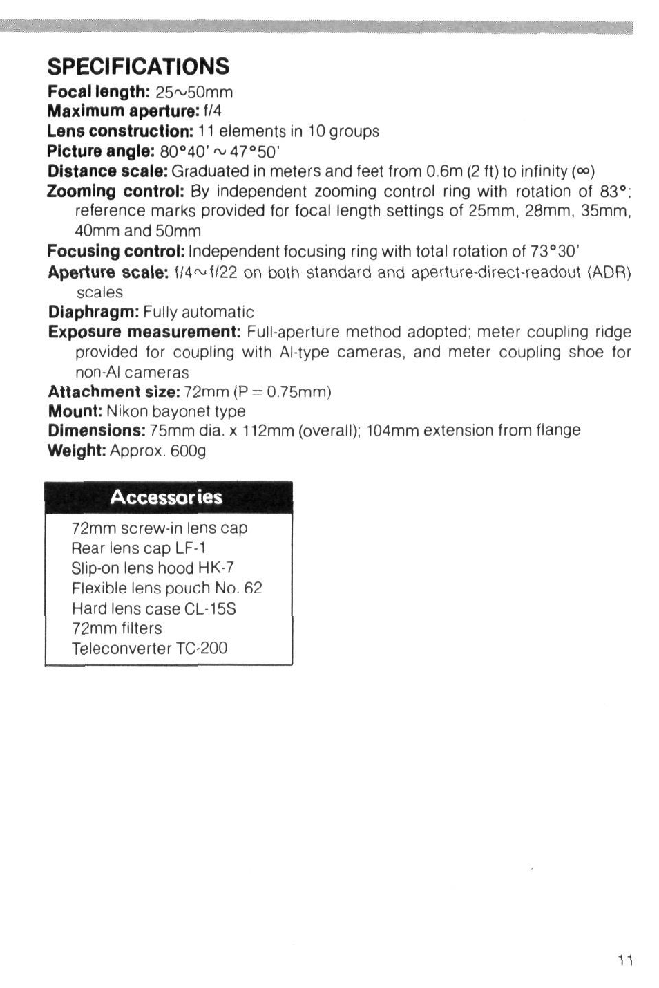 Specifications, Accessories | Nikon Zoom-Nikkor 25-50mm f/4 User Manual | Page 11 / 26