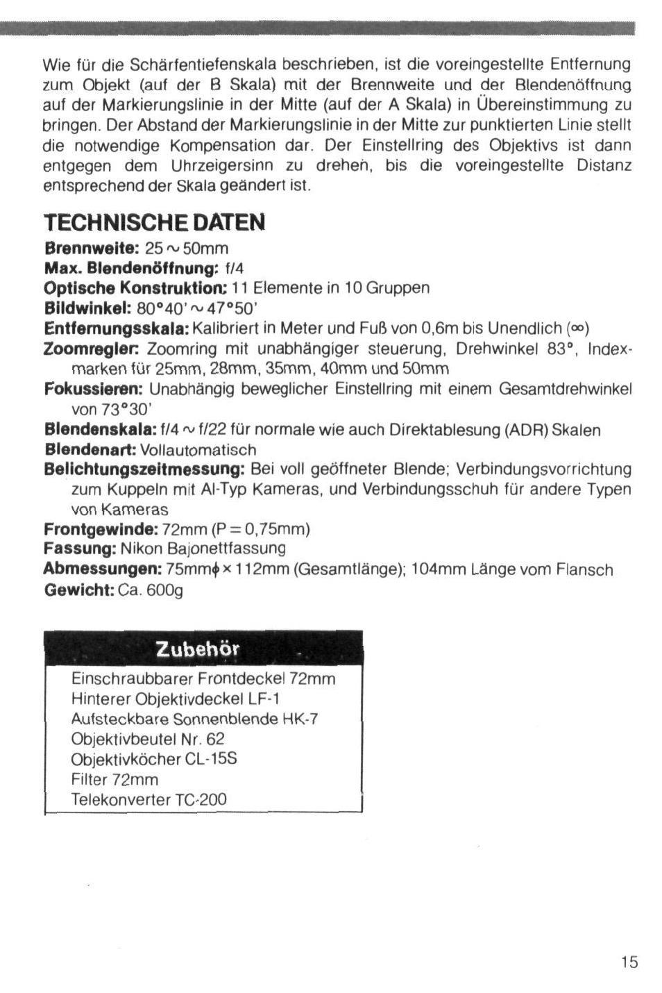 Technische daten, Zubehör | Nikon Zoom-Nikkor 25-50mm f/4 User Manual | Page 15 / 26