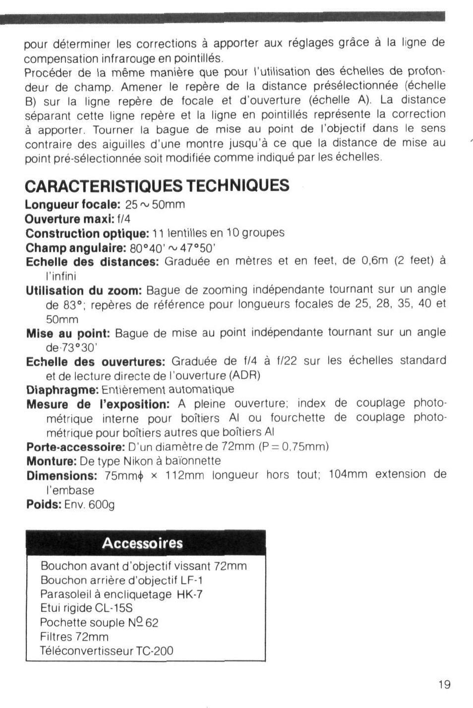 Caracteristiques techniques, Accessoires | Nikon Zoom-Nikkor 25-50mm f/4 User Manual | Page 19 / 26