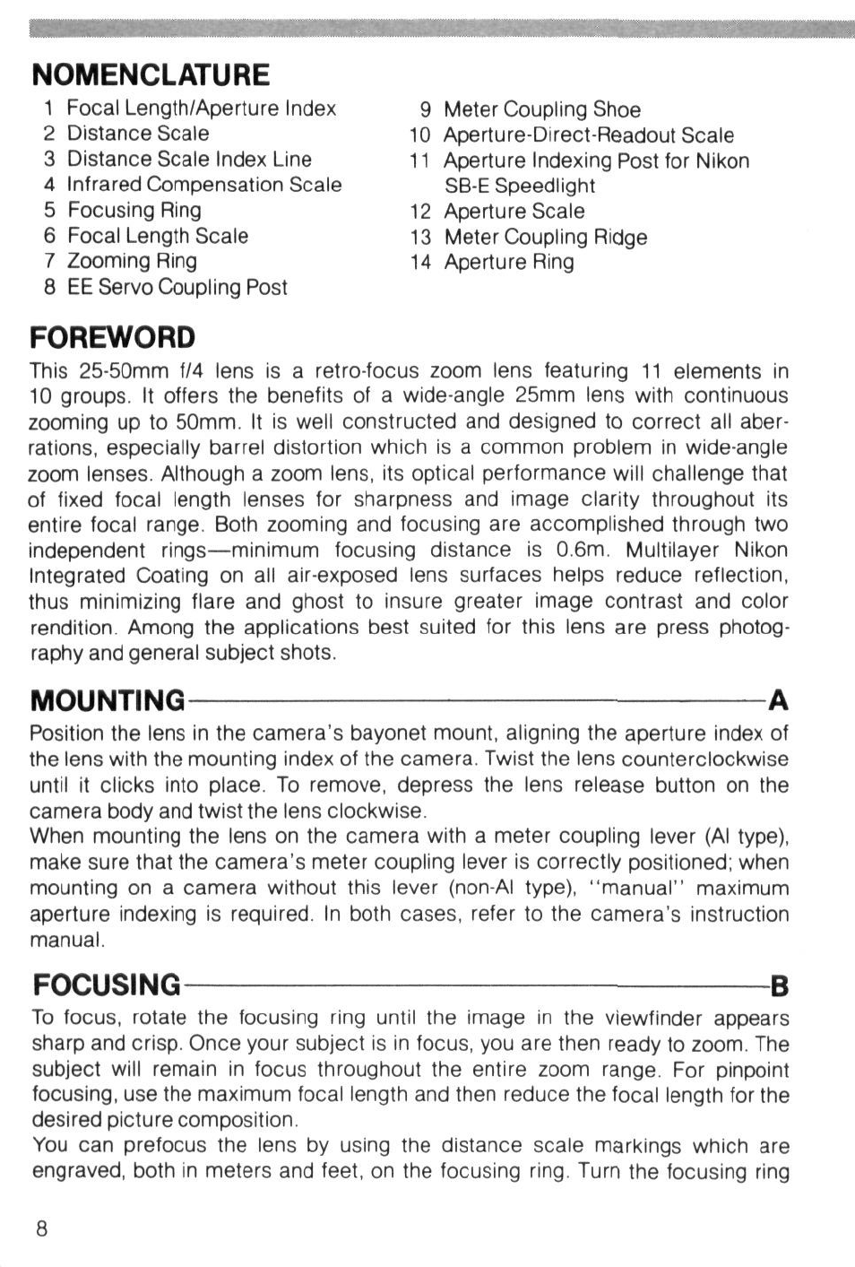 Nomenclature, Foreword, Focusing | Nikon Zoom-Nikkor 25-50mm f/4 User Manual | Page 8 / 26