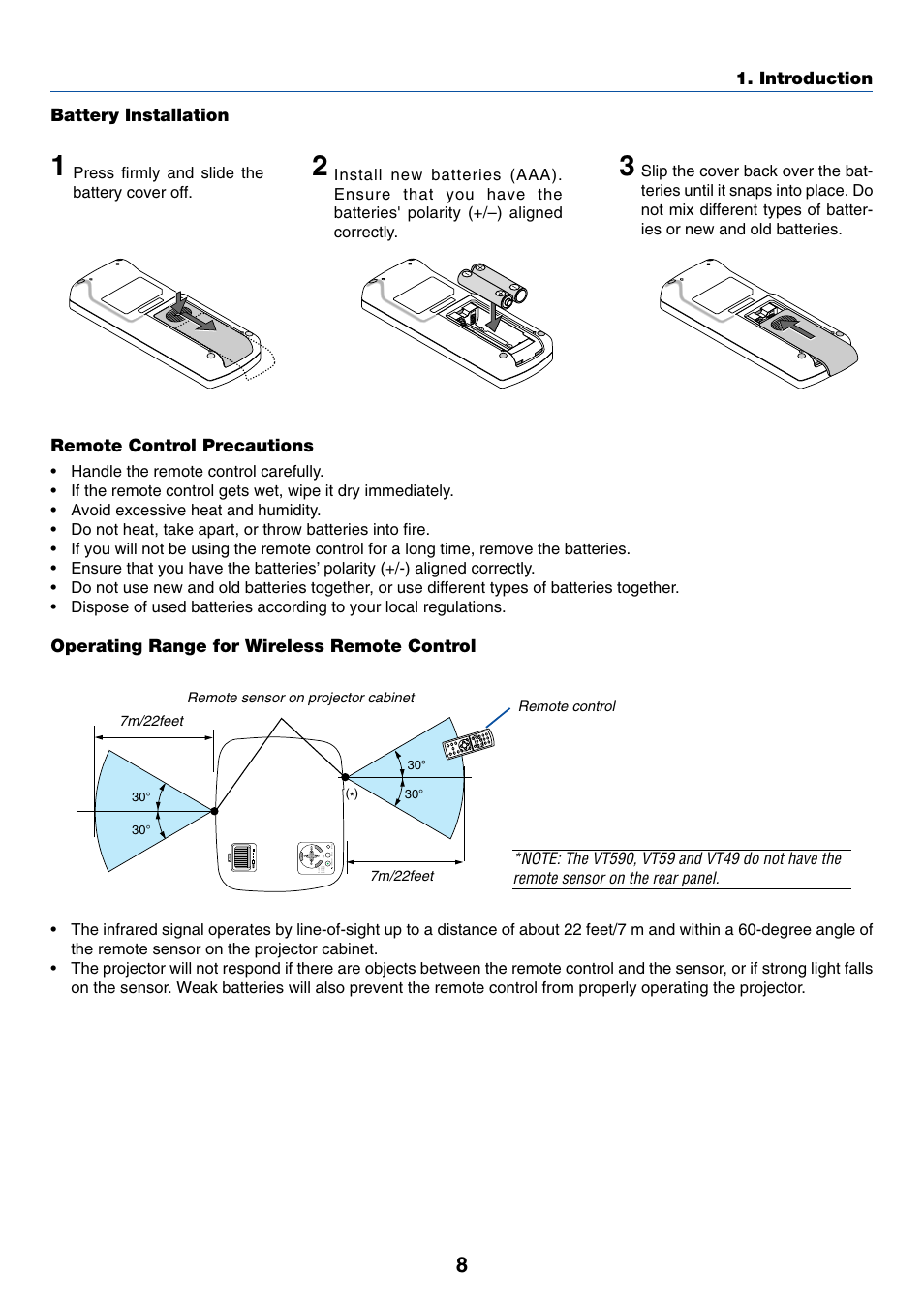 Battery installation, Remote control precautions, Operating range for wireless remote control | Nikon VT695 User Manual | Page 16 / 79