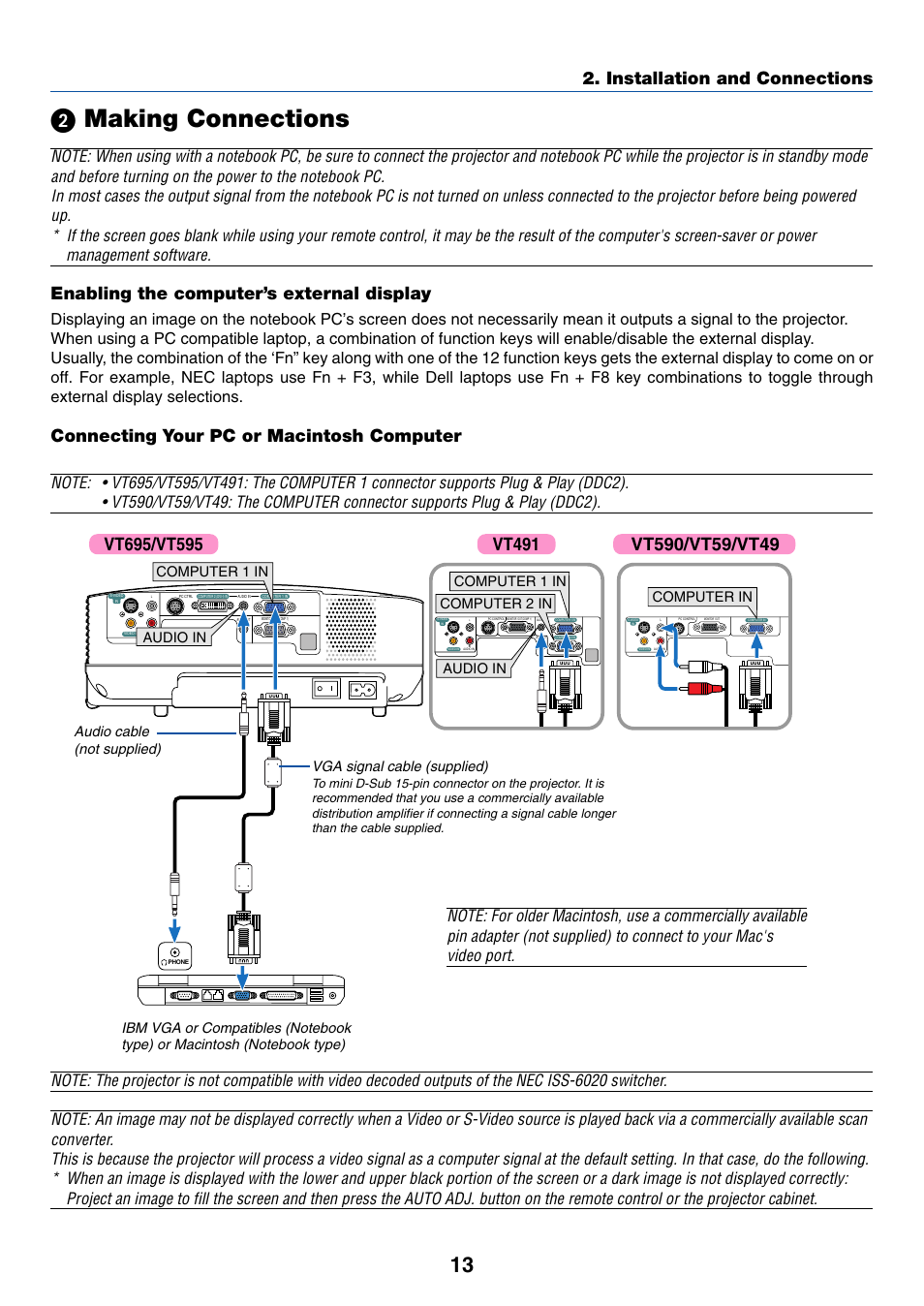 2) making connections, Enabling the computer’s external display, Connecting your pc or macintosh computer | ᕢ making connections, Installation and connections, Vt491, Vga signal cable (supplied), Audio cable (not supplied), Computer 1 in audio in, Computer in | Nikon VT695 User Manual | Page 21 / 79