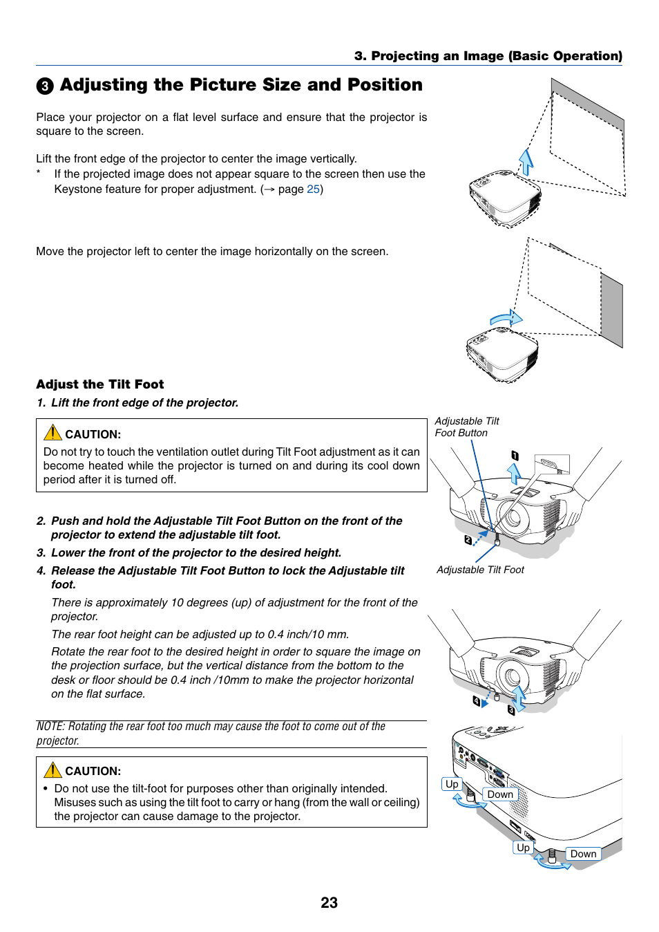 3) adjusting the picture size and position, Adjust the tilt foot, ᕣ adjusting the picture size and position | Projecting an image (basic operation), Lift the front edge of the projector | Nikon VT695 User Manual | Page 31 / 79