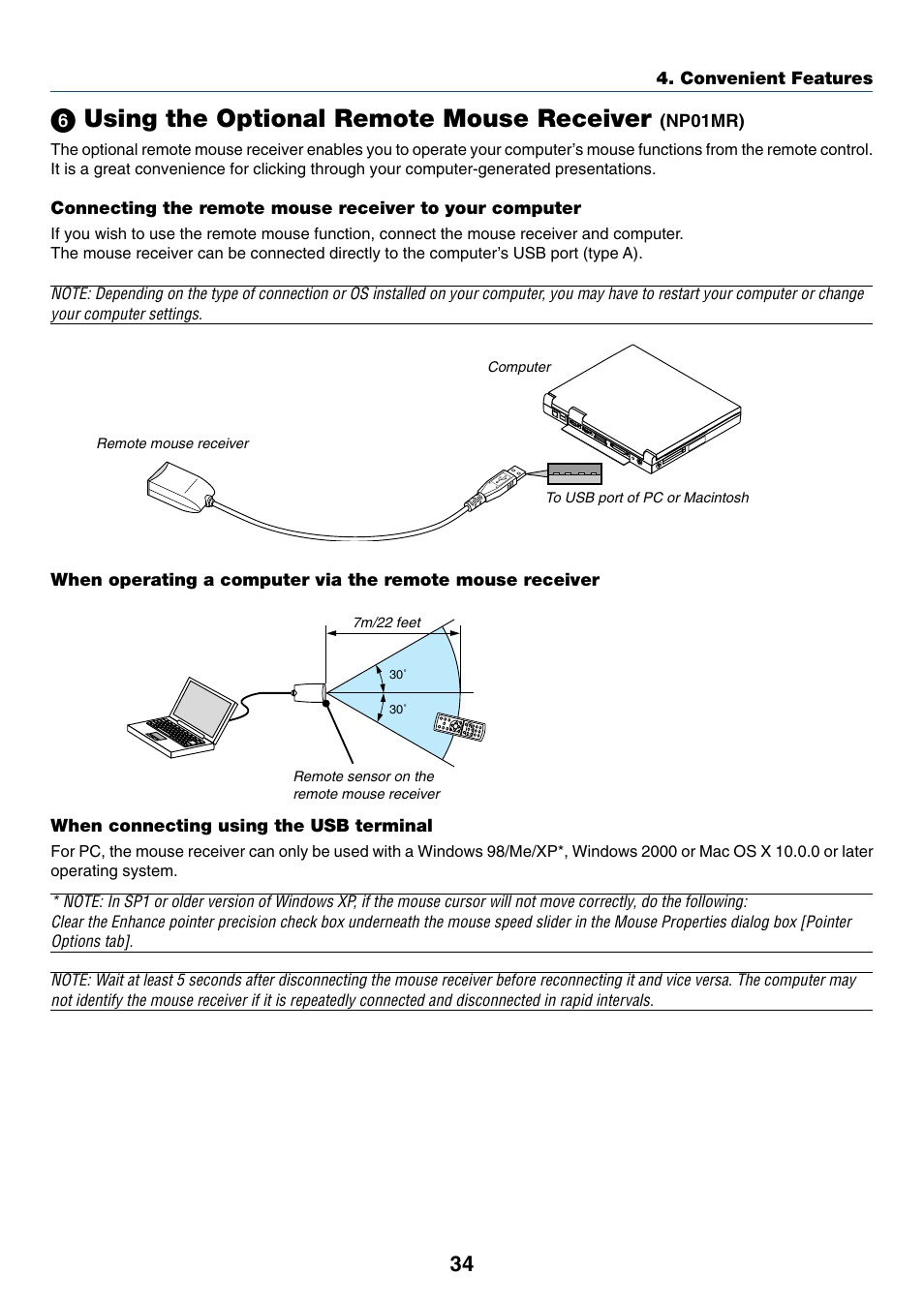 When connecting using the usb terminal, ᕦ using the optional remote mouse receiver | Nikon VT695 User Manual | Page 42 / 79