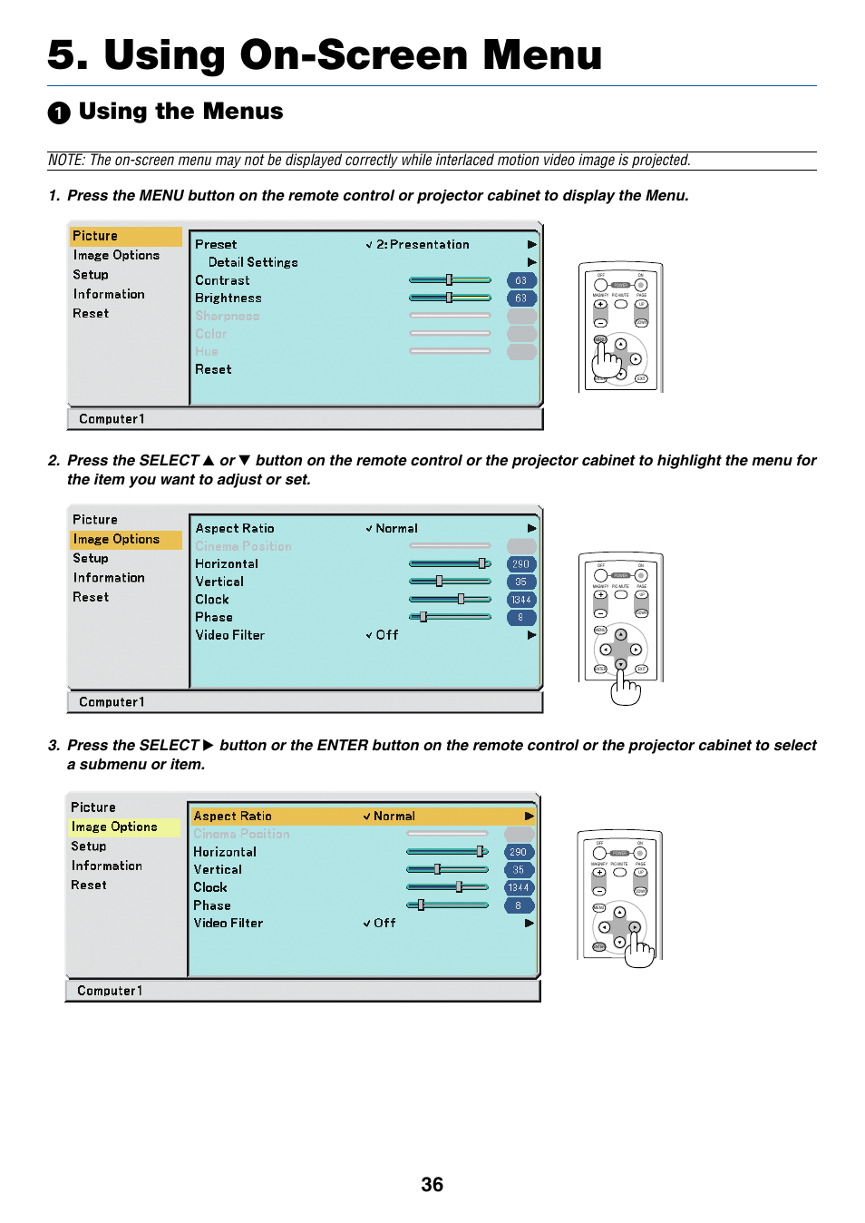 Using on-screen menu, 1) using the menus, ᕡ using the menus | Nikon VT695 User Manual | Page 44 / 79