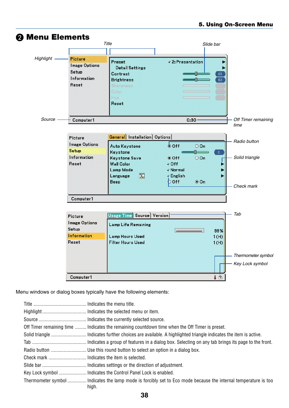 2) menu elements, Menu elements | Nikon VT695 User Manual | Page 46 / 79