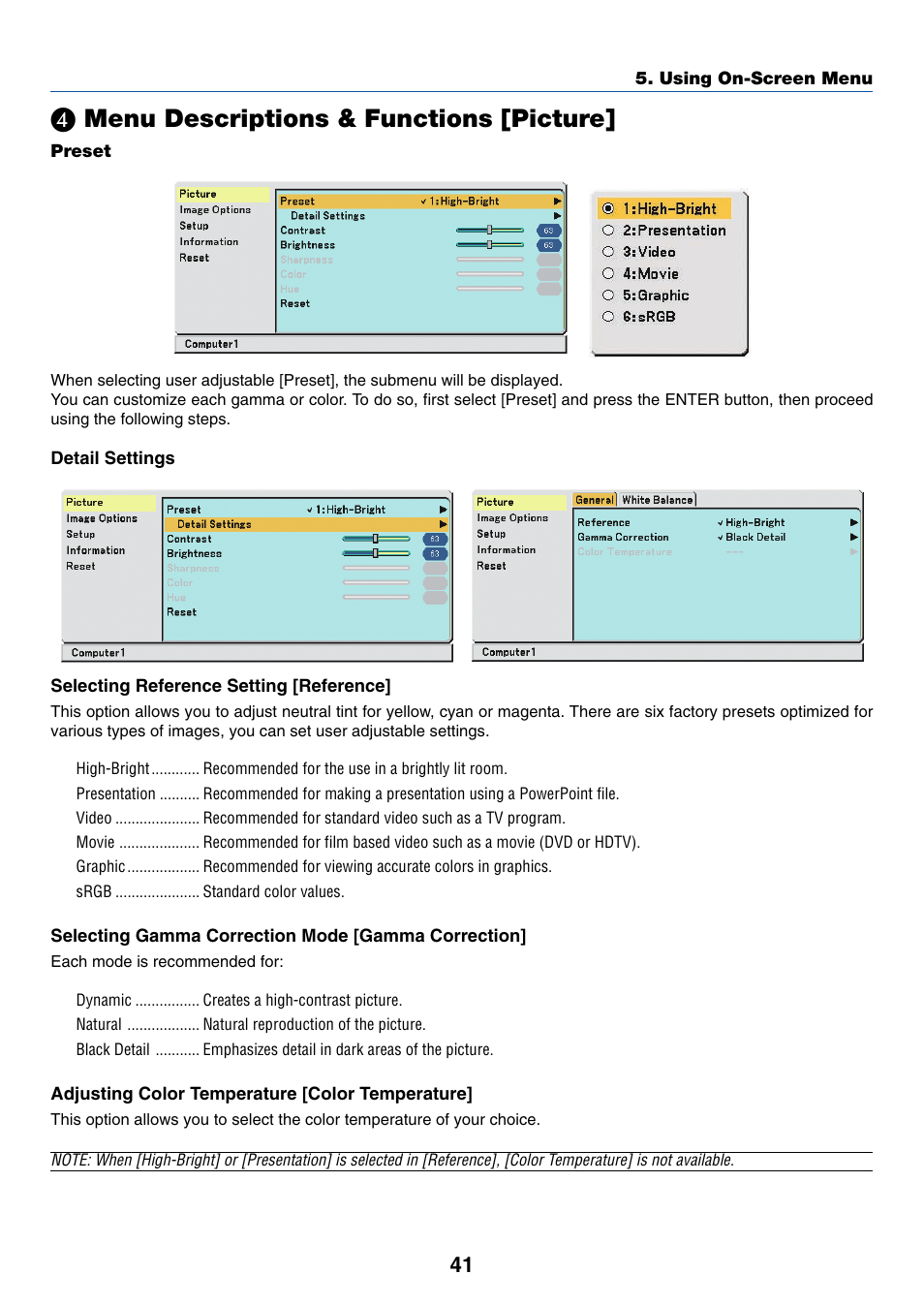 4) menu descriptions & functions [picture, Preset, Menu descriptions & functions [picture | Nikon VT695 User Manual | Page 49 / 79
