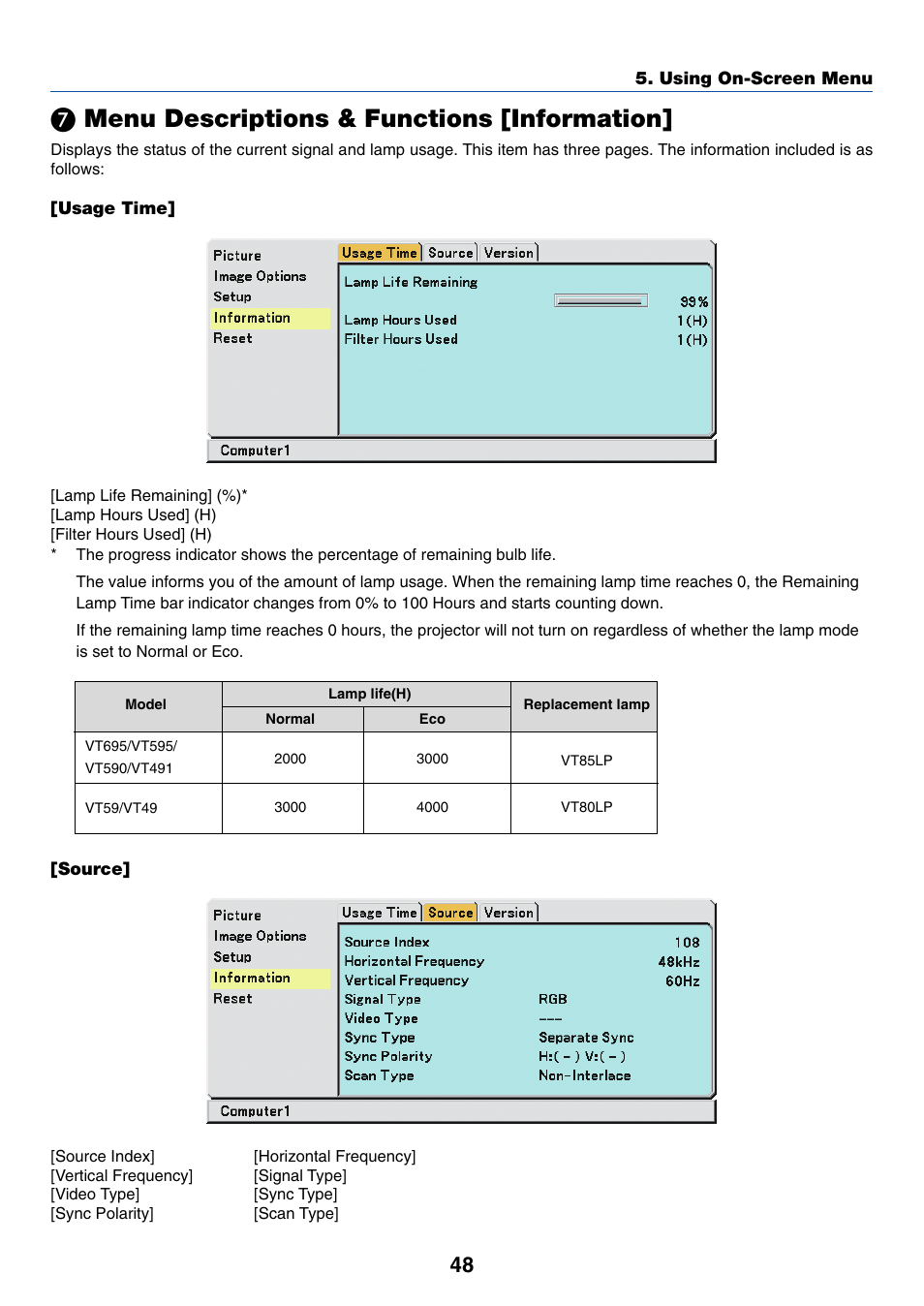 7) menu descriptions & functions [information, Usage time, Source | Menu descriptions & functions [information | Nikon VT695 User Manual | Page 56 / 79