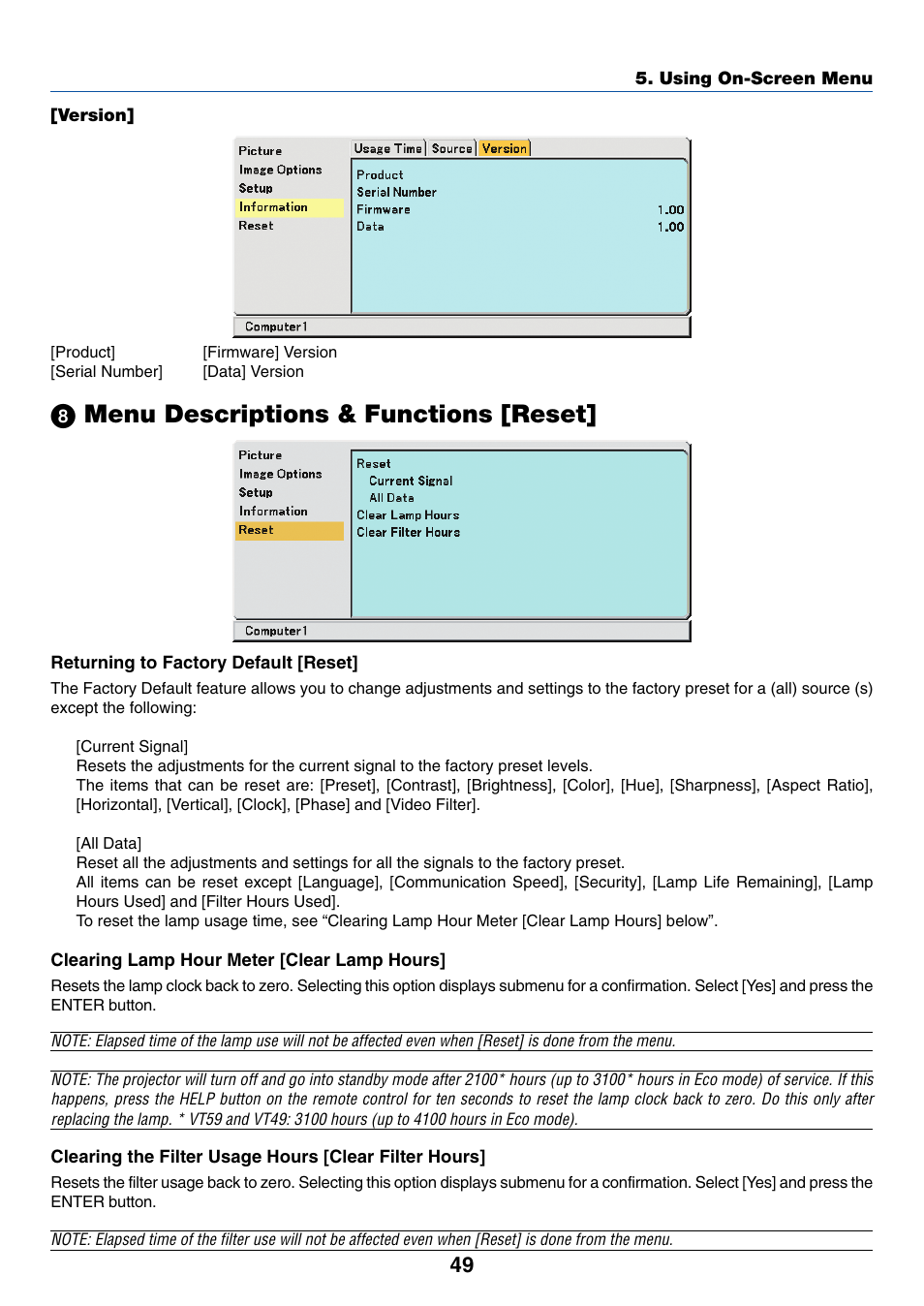 Version, 8) menu descriptions & functions [reset, ᕨ menu descriptions & functions [reset | Nikon VT695 User Manual | Page 57 / 79
