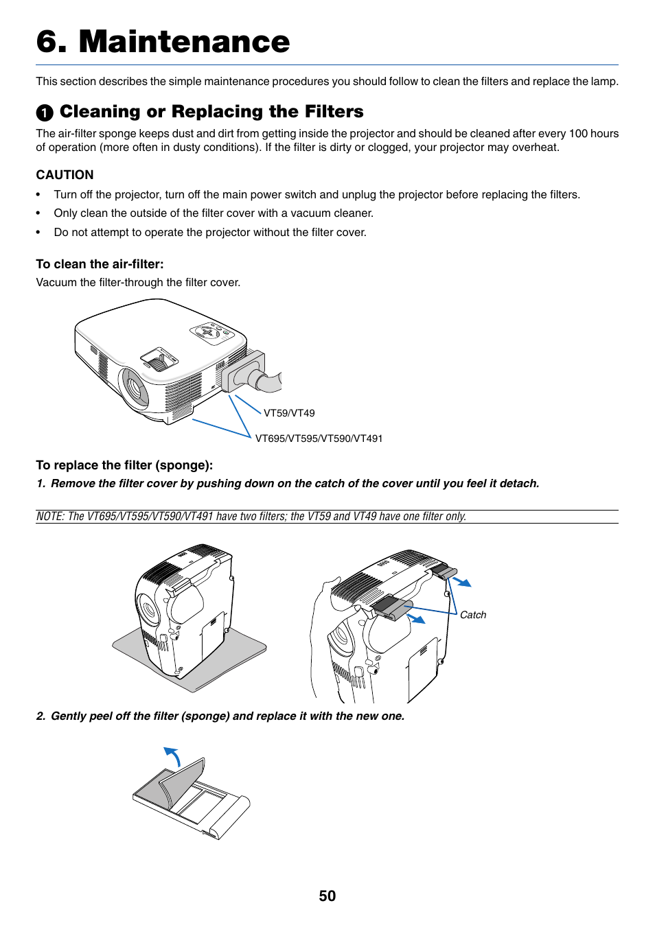 Maintenance, 1) cleaning or replacing the filters, ᕡ cleaning or replacing the filters | Nikon VT695 User Manual | Page 58 / 79