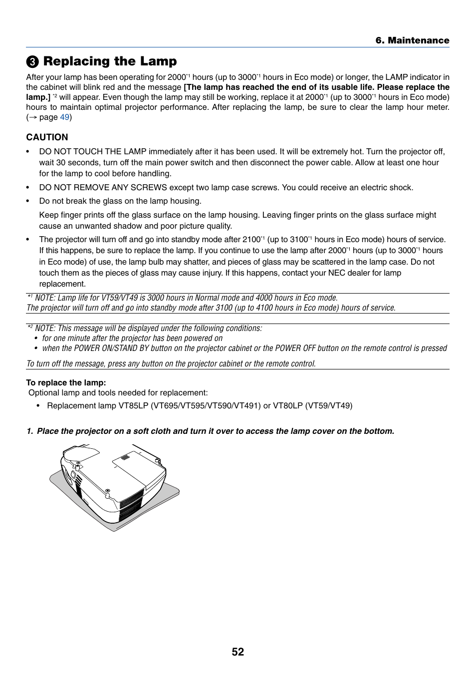 3) replacing the lamp, Replacing the lamp | Nikon VT695 User Manual | Page 60 / 79