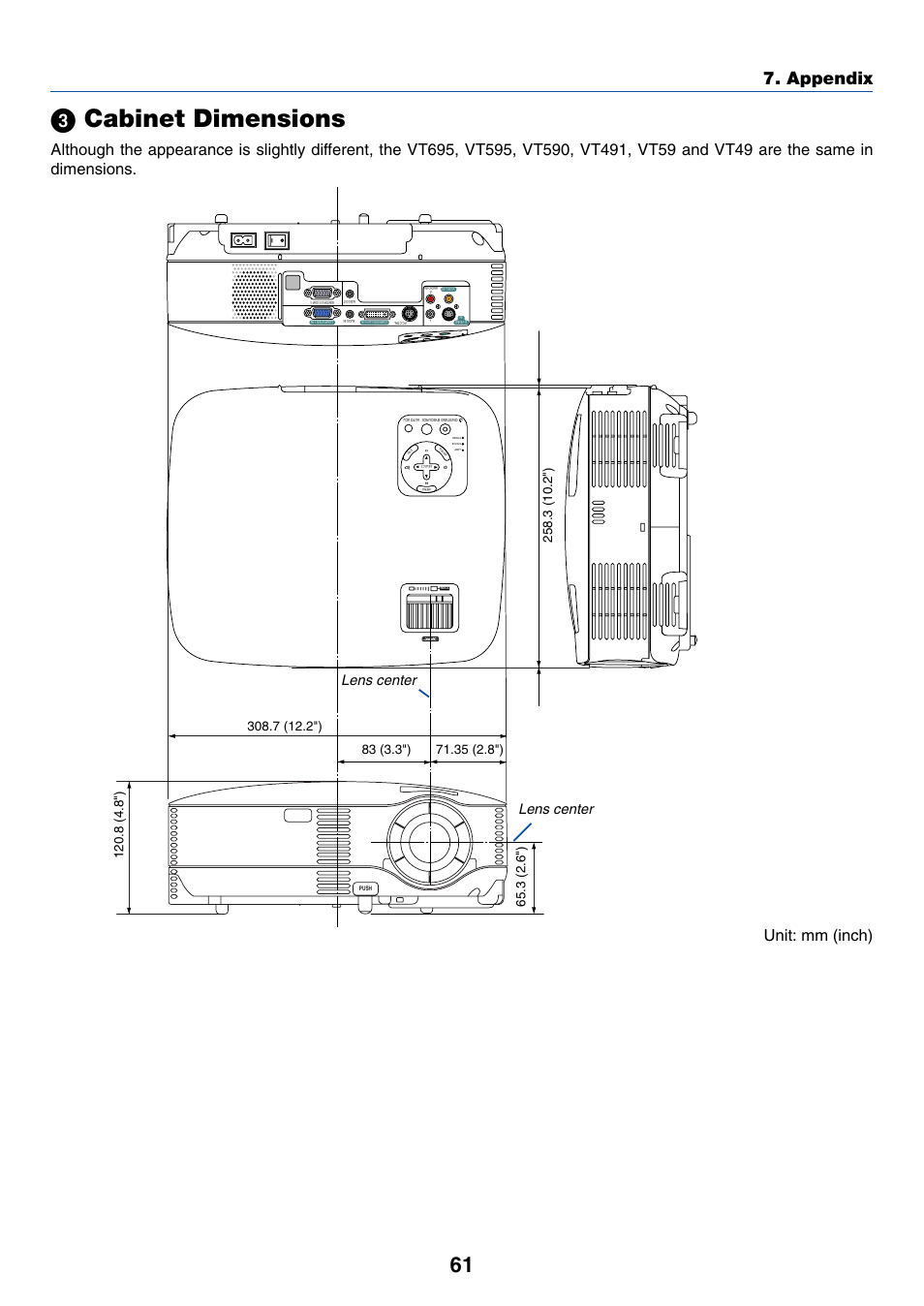 3) cabinet dimensions, ᕣ cabinet dimensions, Appendix | Unit: mm (inch), Lens center, Se le ct | Nikon VT695 User Manual | Page 69 / 79