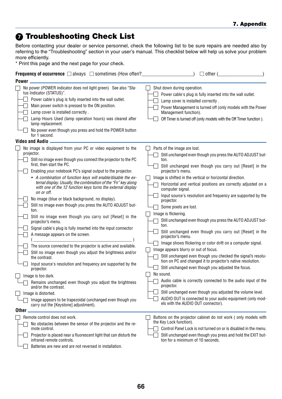 7) troubleshooting check list, ᕧ troubleshooting check list | Nikon VT695 User Manual | Page 74 / 79