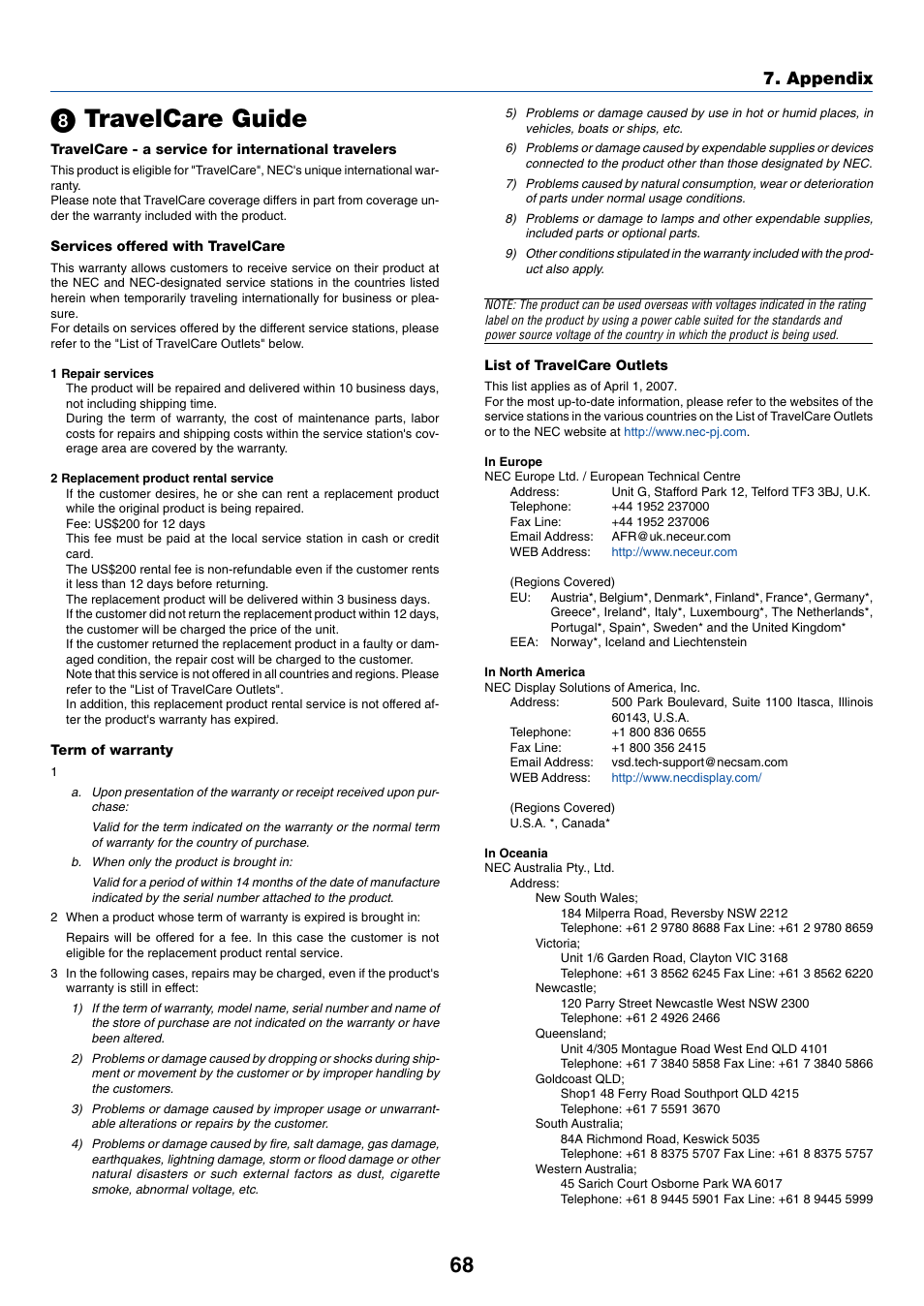 8) travelcare guide, ᕨ travelcare guide, Appendix | Nikon VT695 User Manual | Page 76 / 79