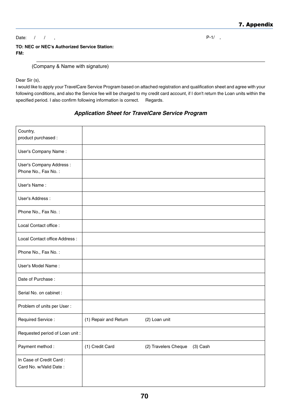 Appendix, Application sheet for travelcare service program | Nikon VT695 User Manual | Page 78 / 79