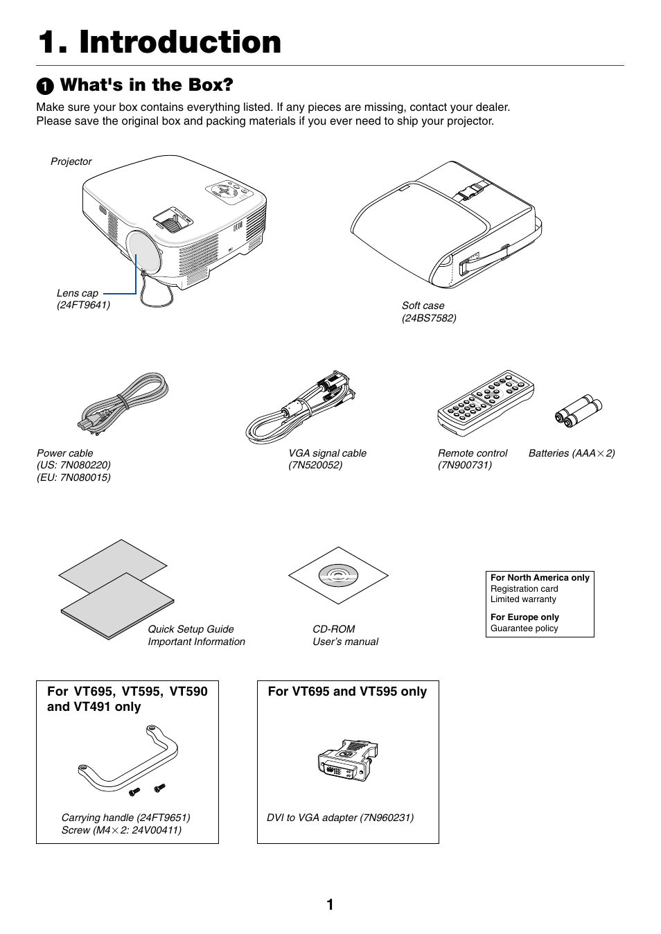 Introduction, 1) what's in the box, ᕡ what's in the box | Quick setup guide important information | Nikon VT695 User Manual | Page 9 / 79