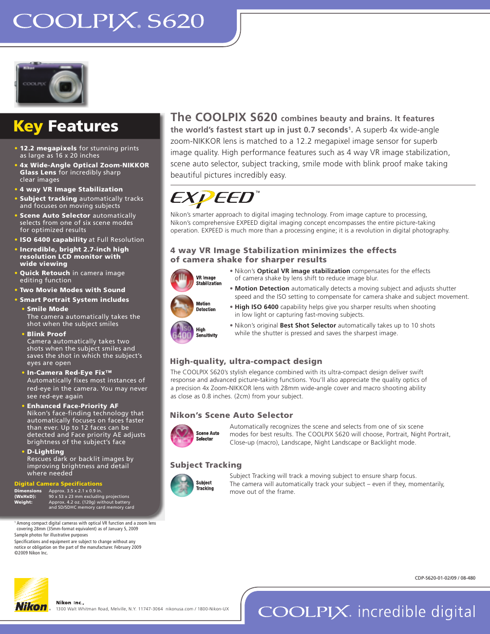 Key features, The coolpix s620 | Nikon Coolpix S620 User Manual | Page 2 / 2