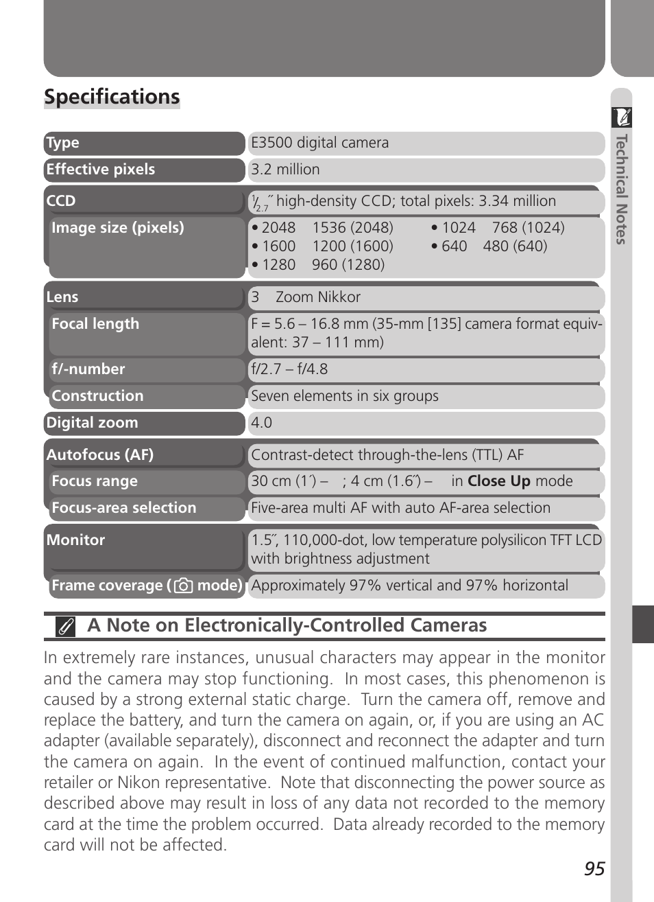 Specifications | Nikon Coolpix 3500 User Manual | Page 105 / 111