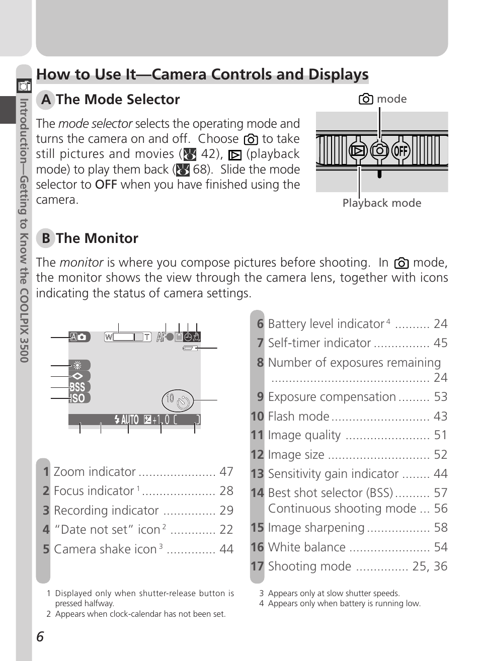 How to use it—camera controls and displays, A the mode selector, B the monitor | Nikon Coolpix 3500 User Manual | Page 16 / 111