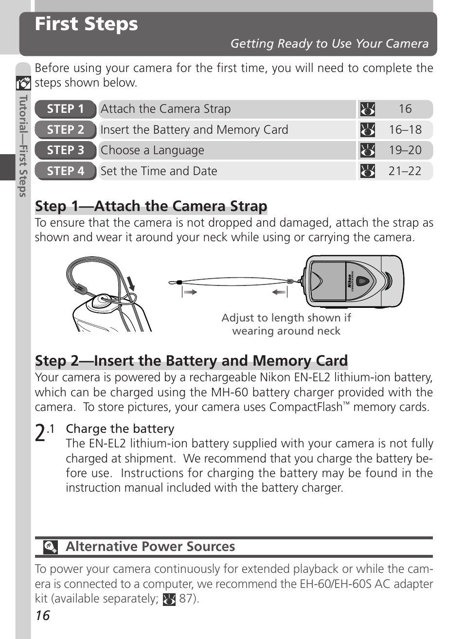 First steps, Step 1—attach the camera strap | Nikon Coolpix 3500 User Manual | Page 26 / 111