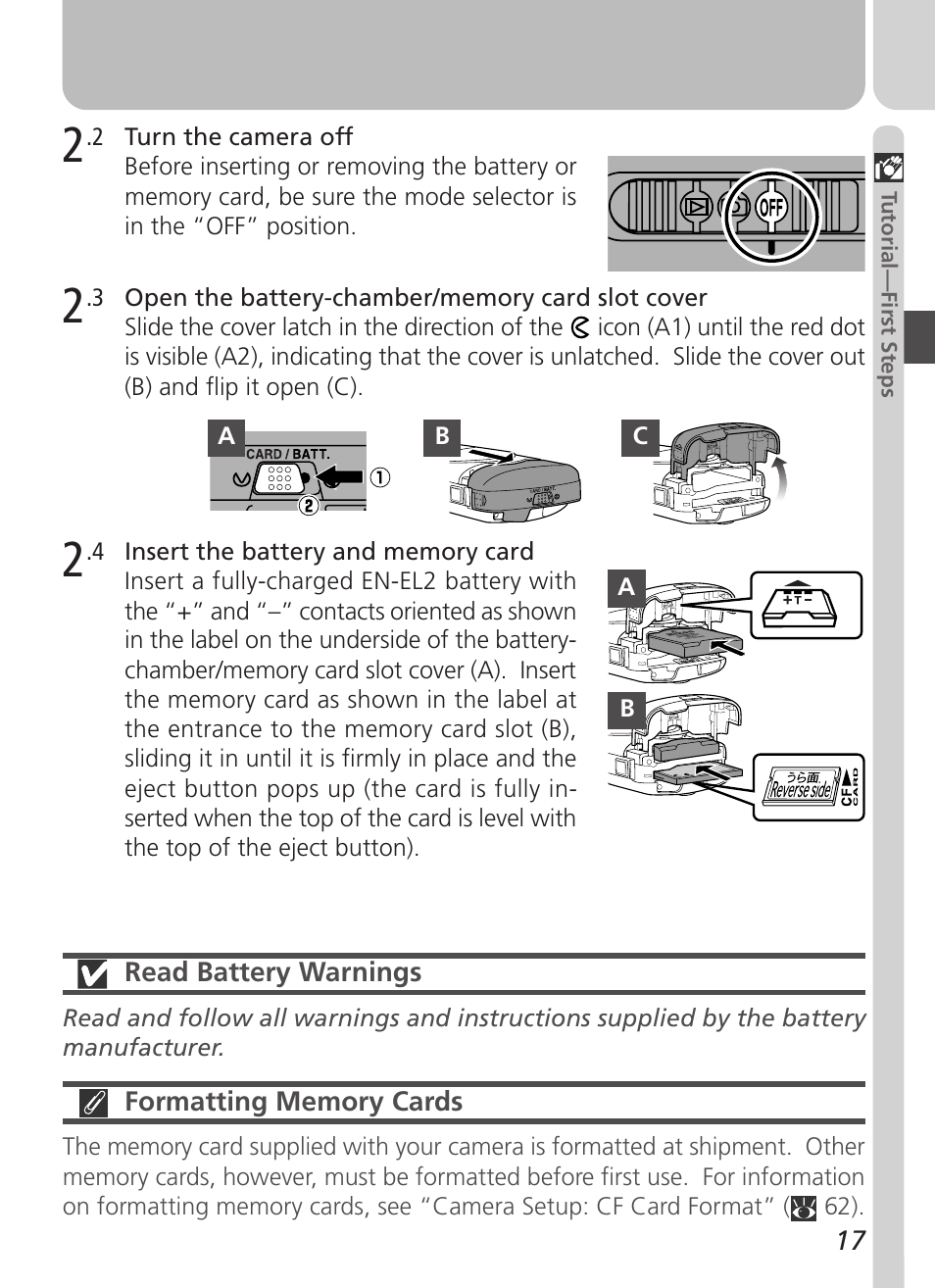 17 read battery warnings | Nikon Coolpix 3500 User Manual | Page 27 / 111