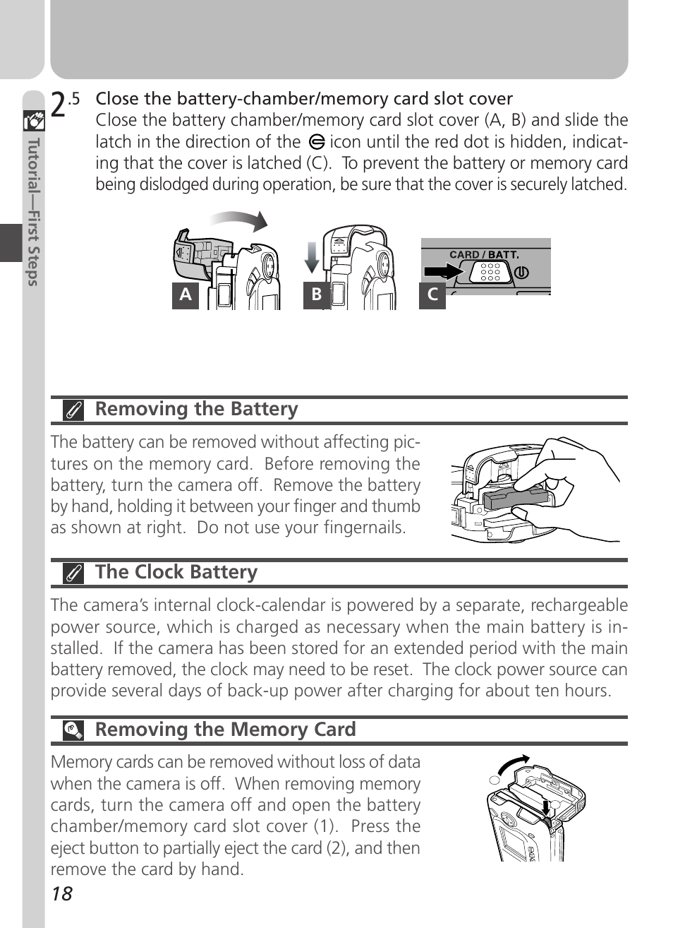 Removing the battery, The clock battery, Ab c | Nikon Coolpix 3500 User Manual | Page 28 / 111