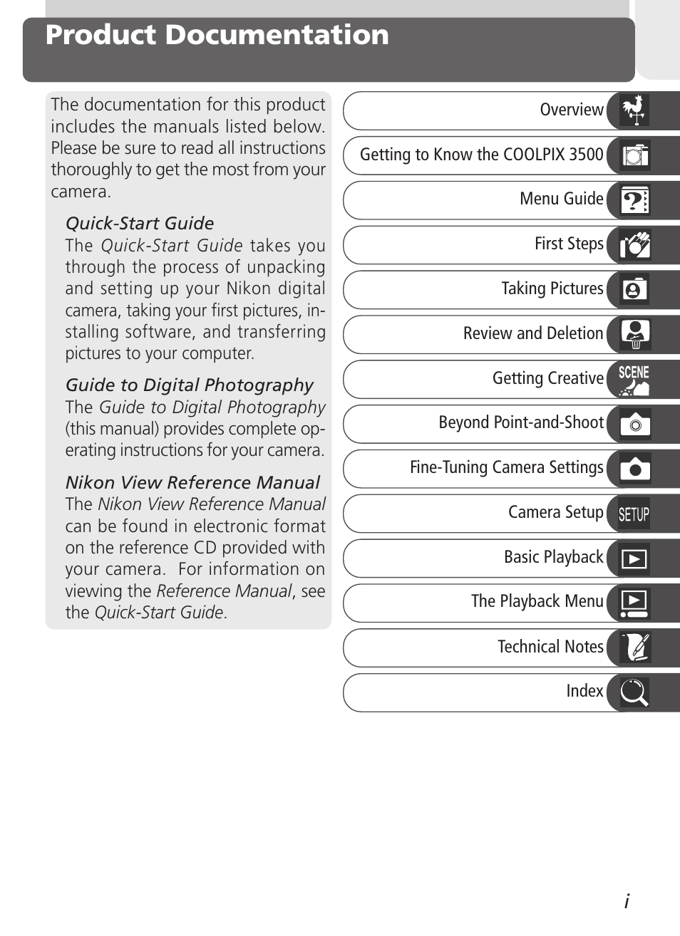 Product documentation | Nikon Coolpix 3500 User Manual | Page 3 / 111