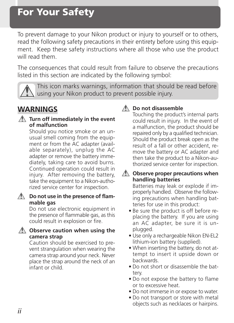 For your safety, Warnings | Nikon Coolpix 3500 User Manual | Page 4 / 111