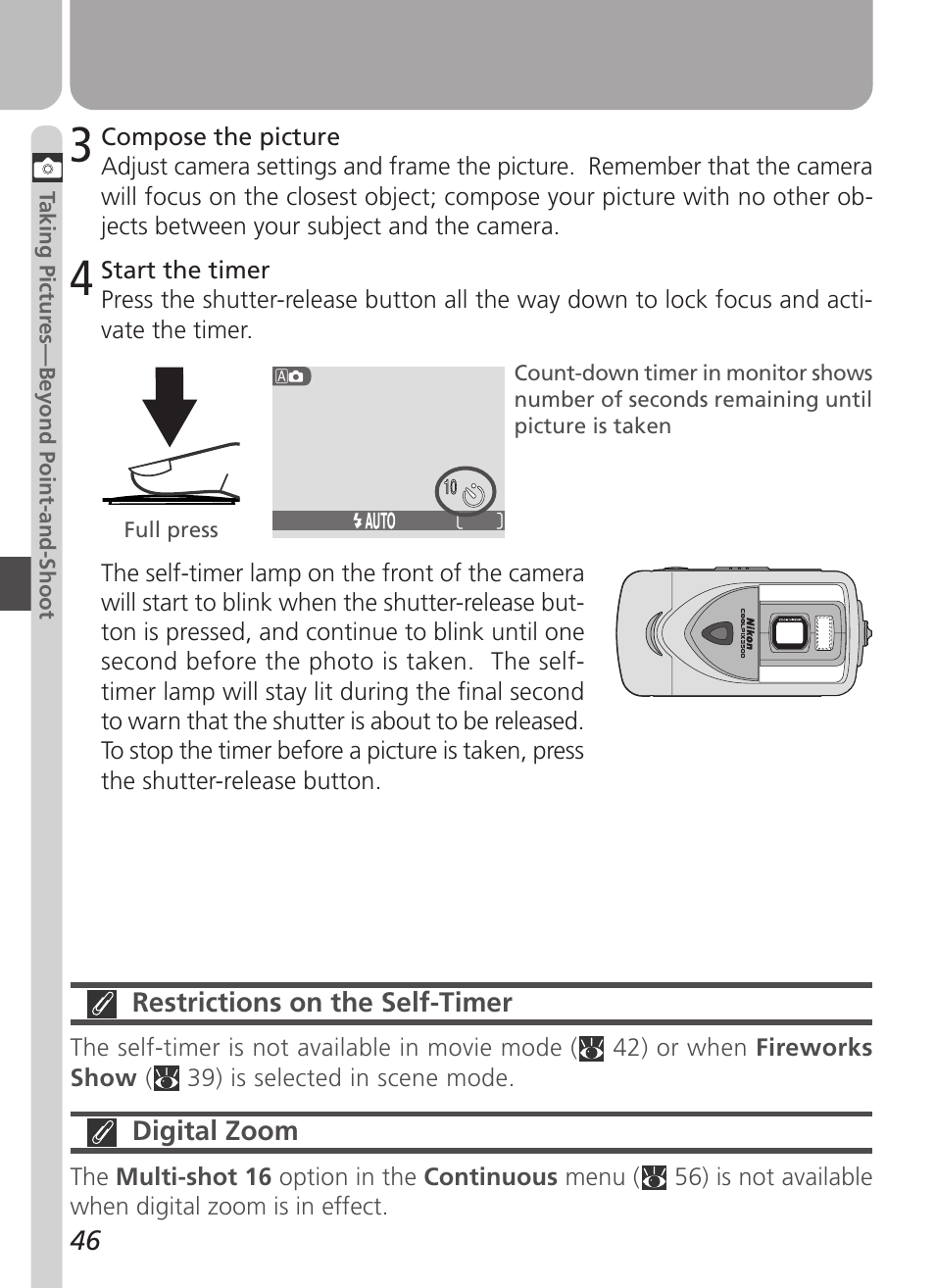 Restrictions on the self-timer, Digital zoom | Nikon Coolpix 3500 User Manual | Page 56 / 111