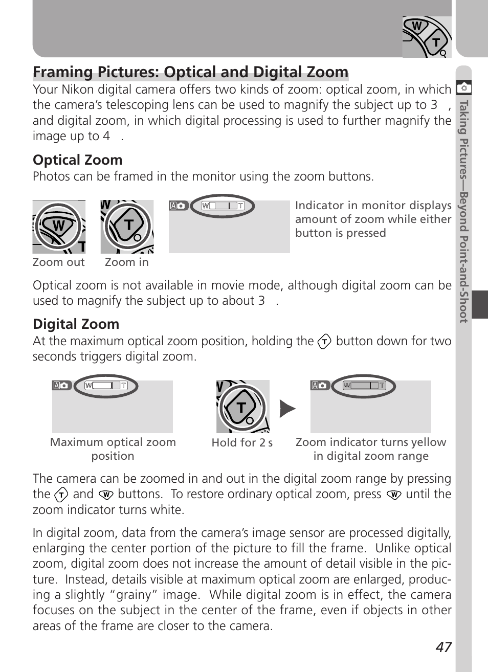 Framing pictures: optical and digital zoom, Optical zoom, Digital zoom | Nikon Coolpix 3500 User Manual | Page 57 / 111