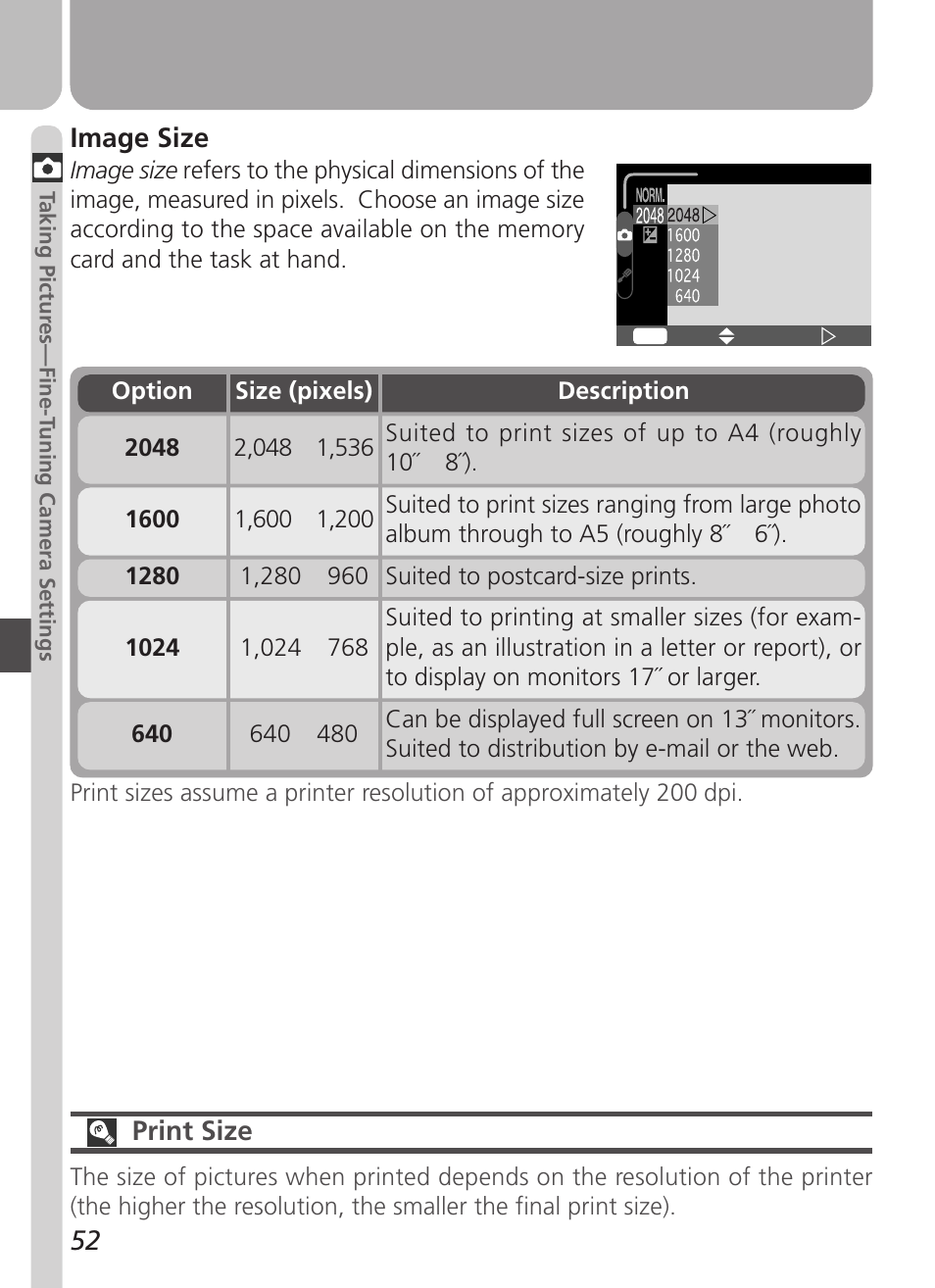 Image size, Print size | Nikon Coolpix 3500 User Manual | Page 62 / 111