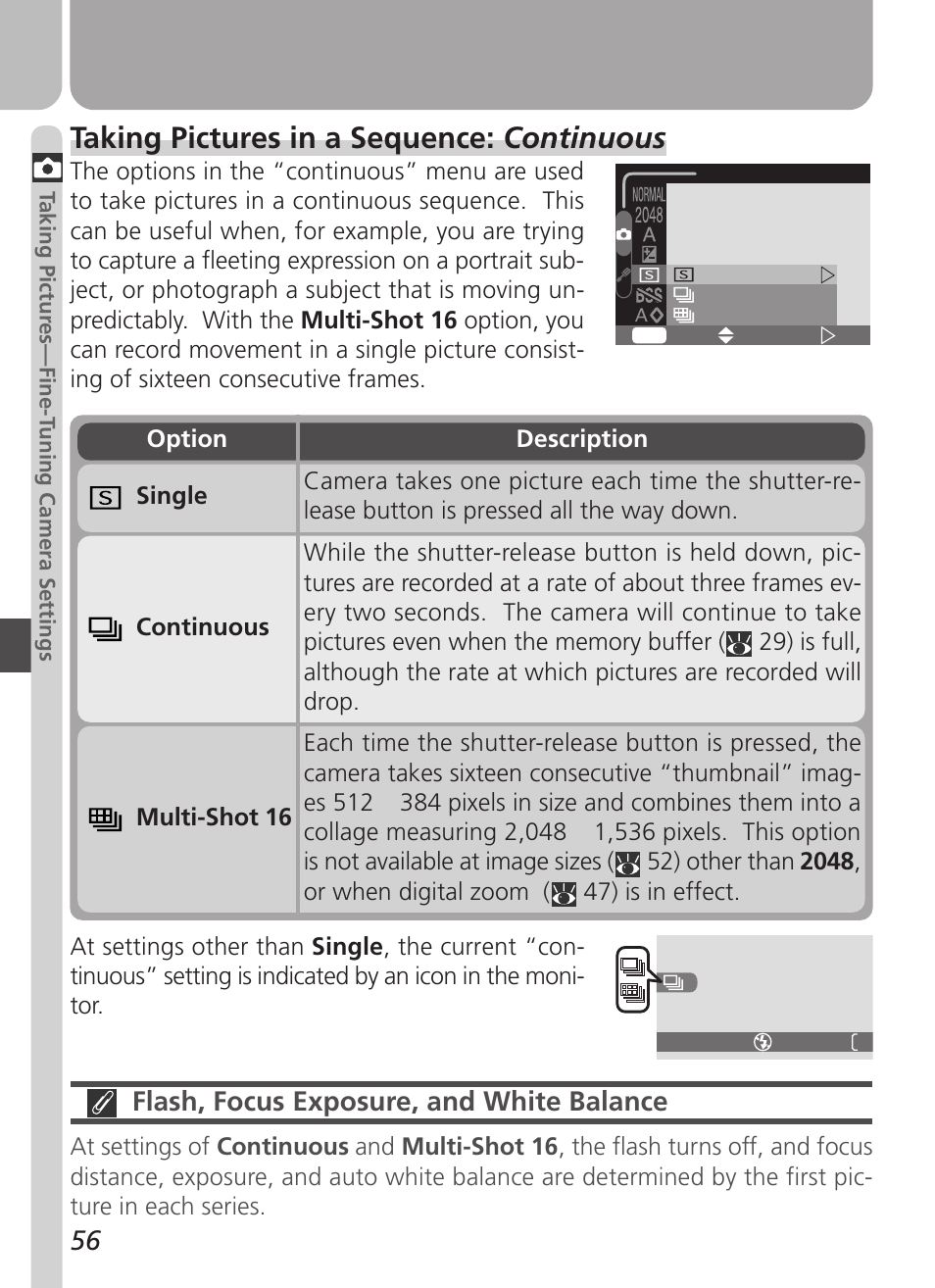 Taking pictures in a sequence: continuous, Flash, focus exposure, and white balance | Nikon Coolpix 3500 User Manual | Page 66 / 111