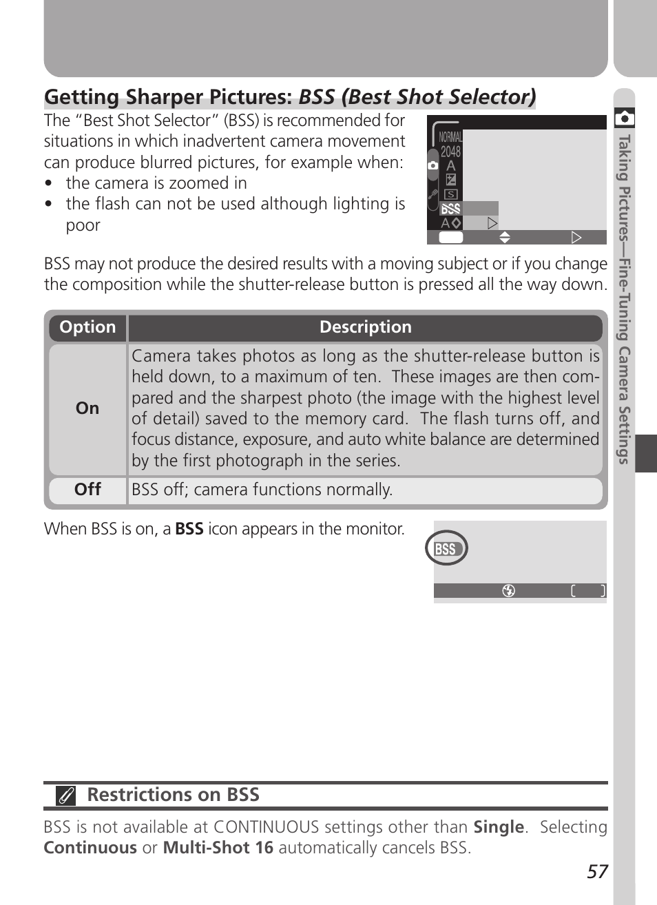Getting sharper pictures: bss (best shot selector), Restrictions on bss | Nikon Coolpix 3500 User Manual | Page 67 / 111