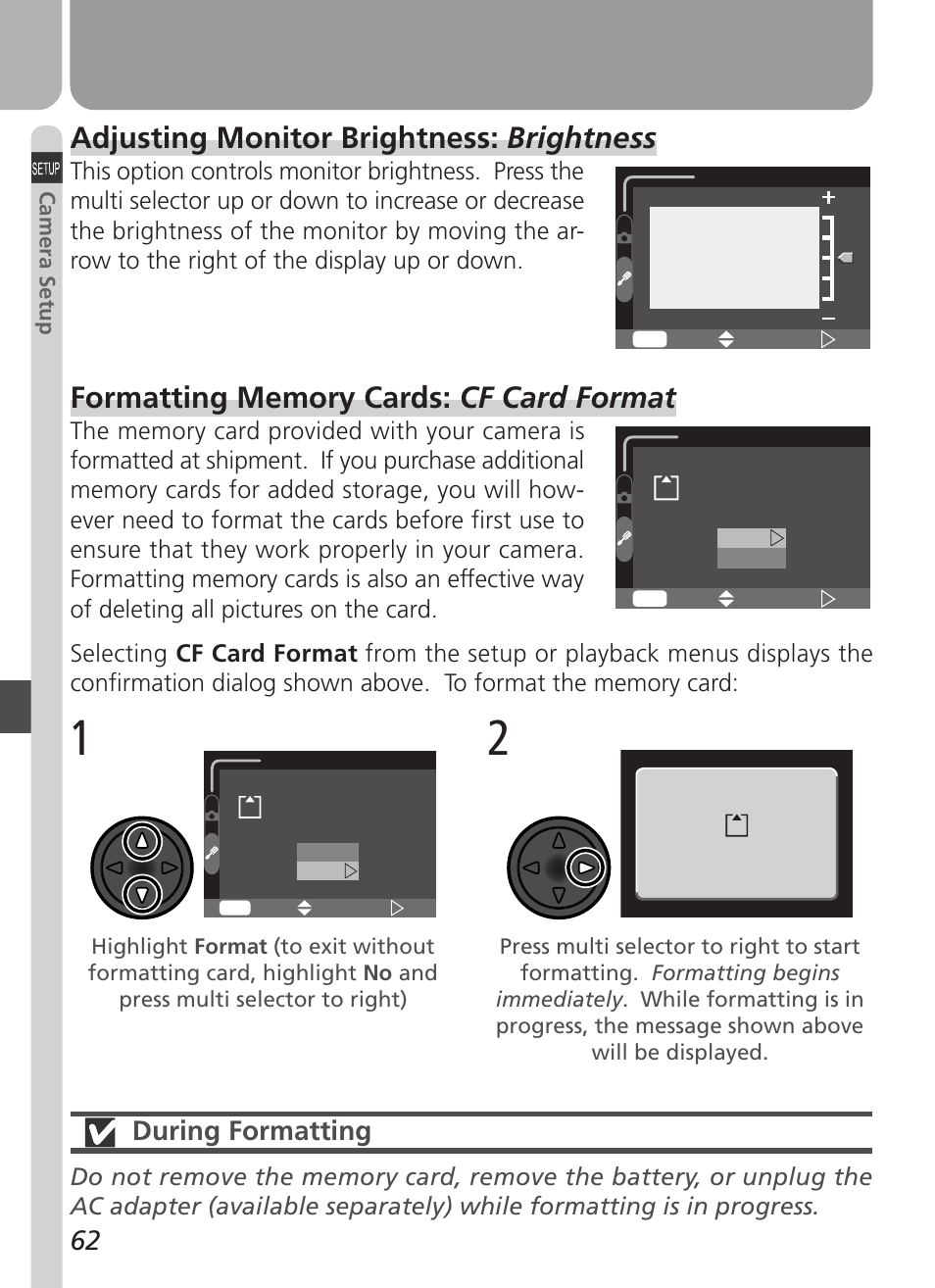 Adjusting monitor brightness: brightness, During formatting | Nikon Coolpix 3500 User Manual | Page 72 / 111