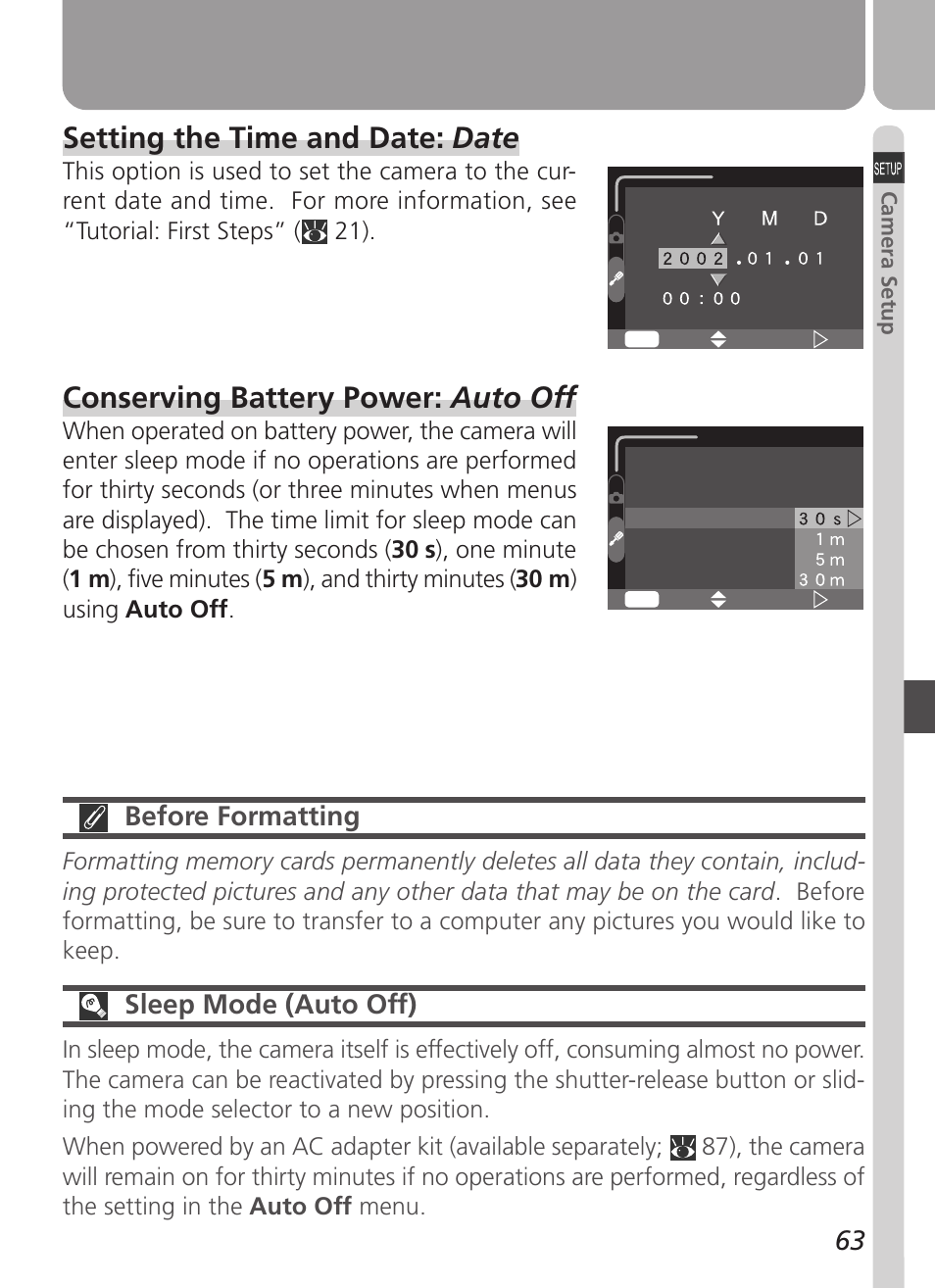 Setting the time and date: date, Conserving battery power: auto off, Before formatting | Sleep mode (auto off) | Nikon Coolpix 3500 User Manual | Page 73 / 111