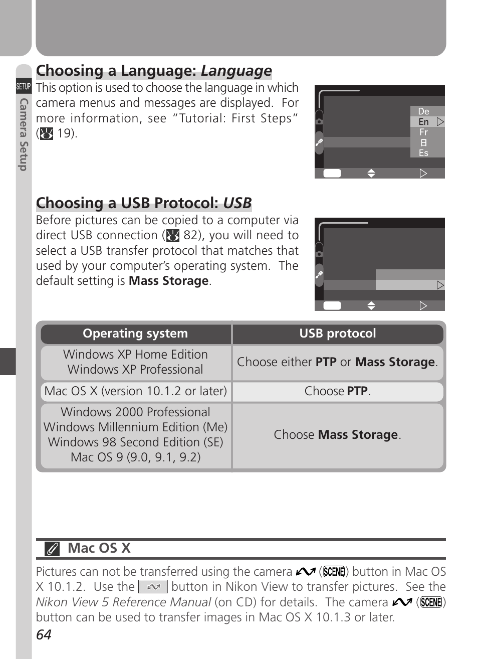 Choosing a language: language, Choosing a usb protocol: usb, Mac os x | Nikon Coolpix 3500 User Manual | Page 74 / 111