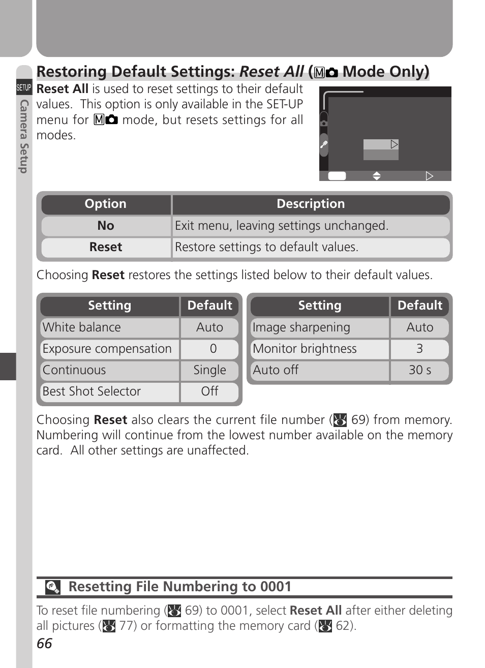 Restoring default settings: reset all ( mode only), Resetting file numbering to 0001 | Nikon Coolpix 3500 User Manual | Page 76 / 111