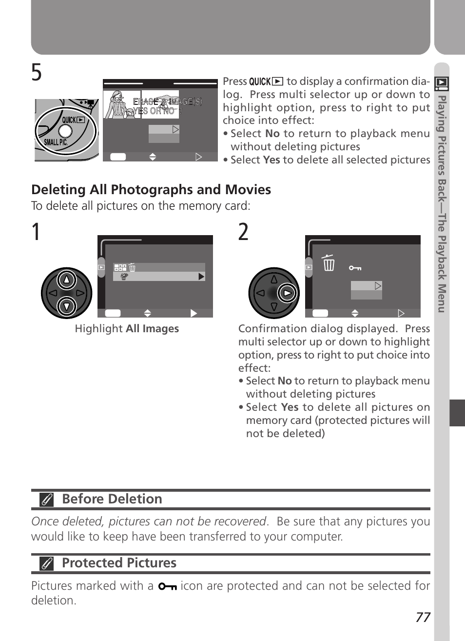 Before deletion, Protected pictures, Deleting all photographs and movies | Nikon Coolpix 3500 User Manual | Page 87 / 111
